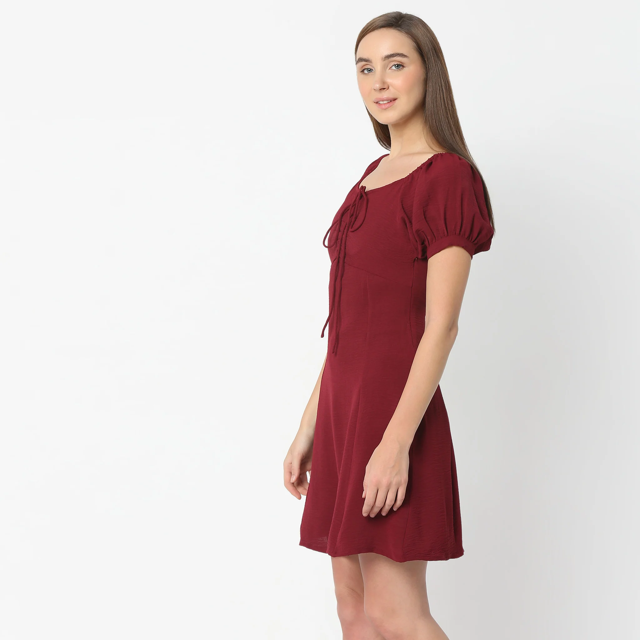 Above Knee Square Neck Short Sleeve Dress With Front Ruching And Tie-Up Detail - Image 5