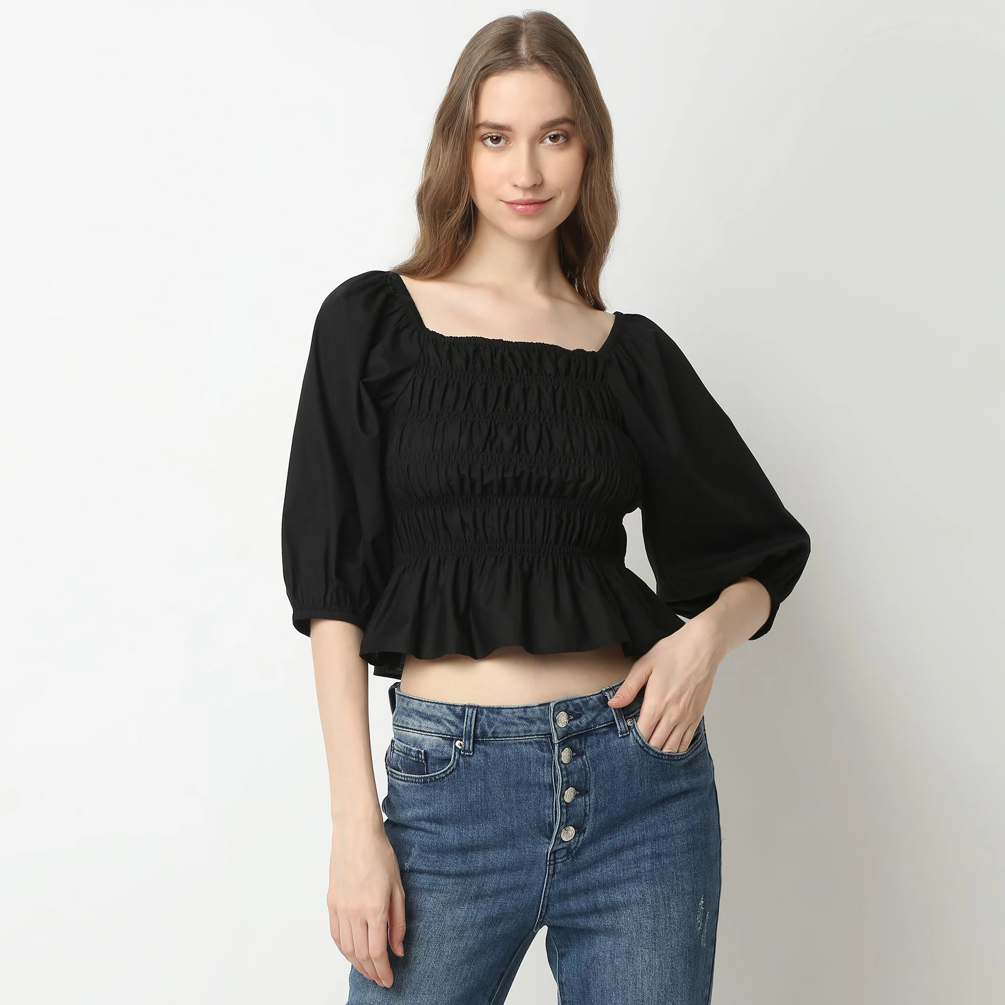 Solid Three-Fourth Sleeve Square Neck Betty Smocking Pattern Crop Top - Image 2