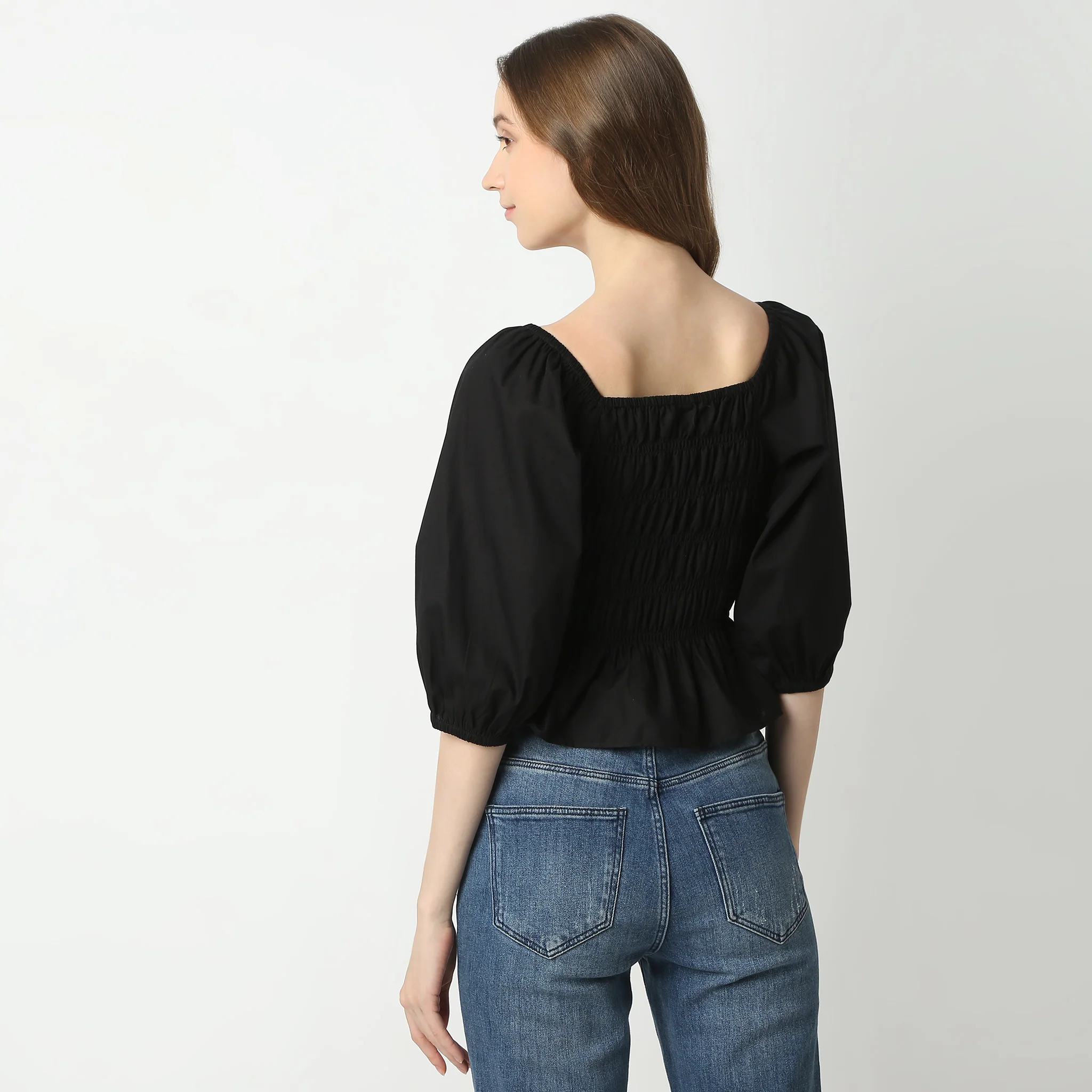 Solid Three-Fourth Sleeve Square Neck Betty Smocking Pattern Crop Top - Image 3