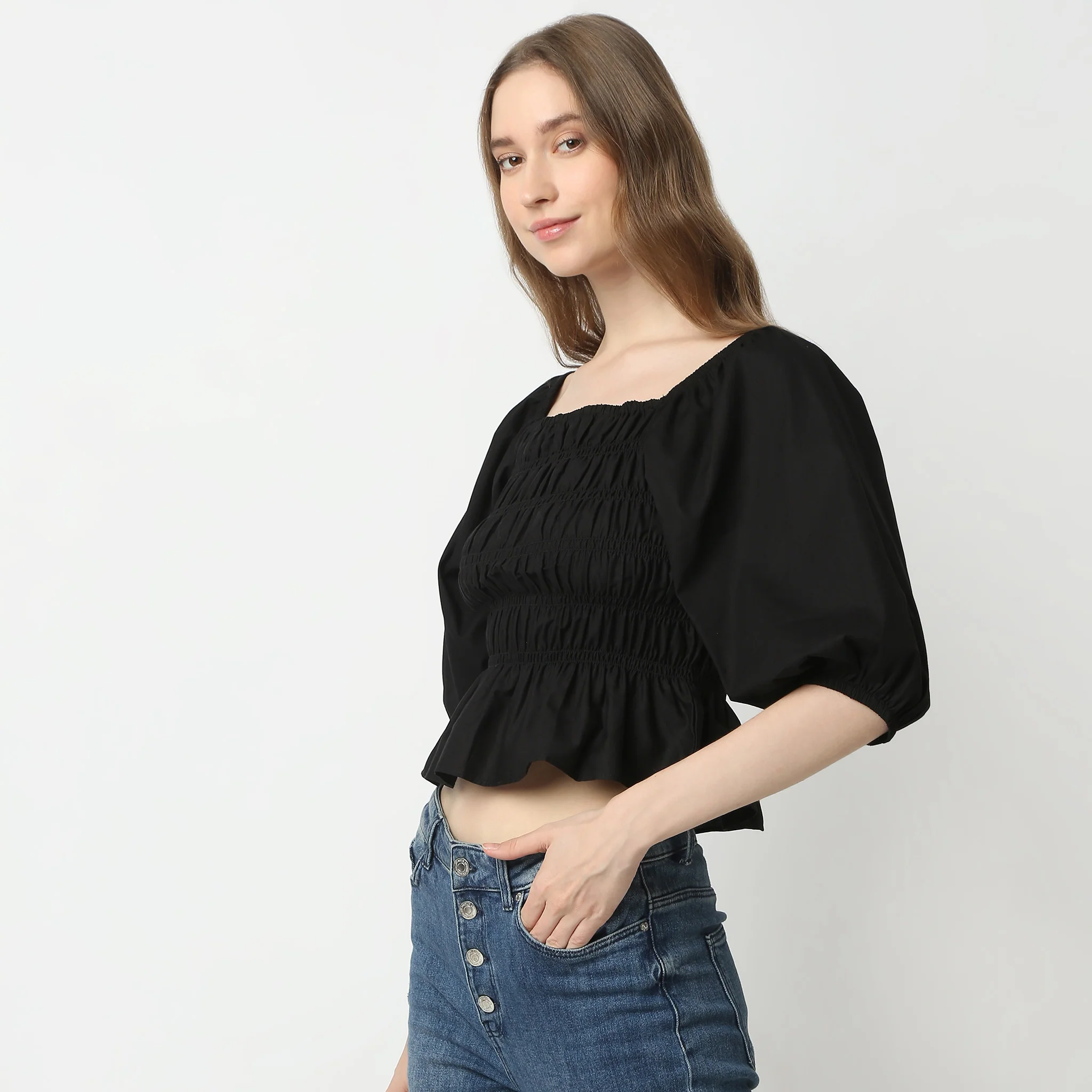 Solid Three-Fourth Sleeve Square Neck Betty Smocking Pattern Crop Top - Image 4
