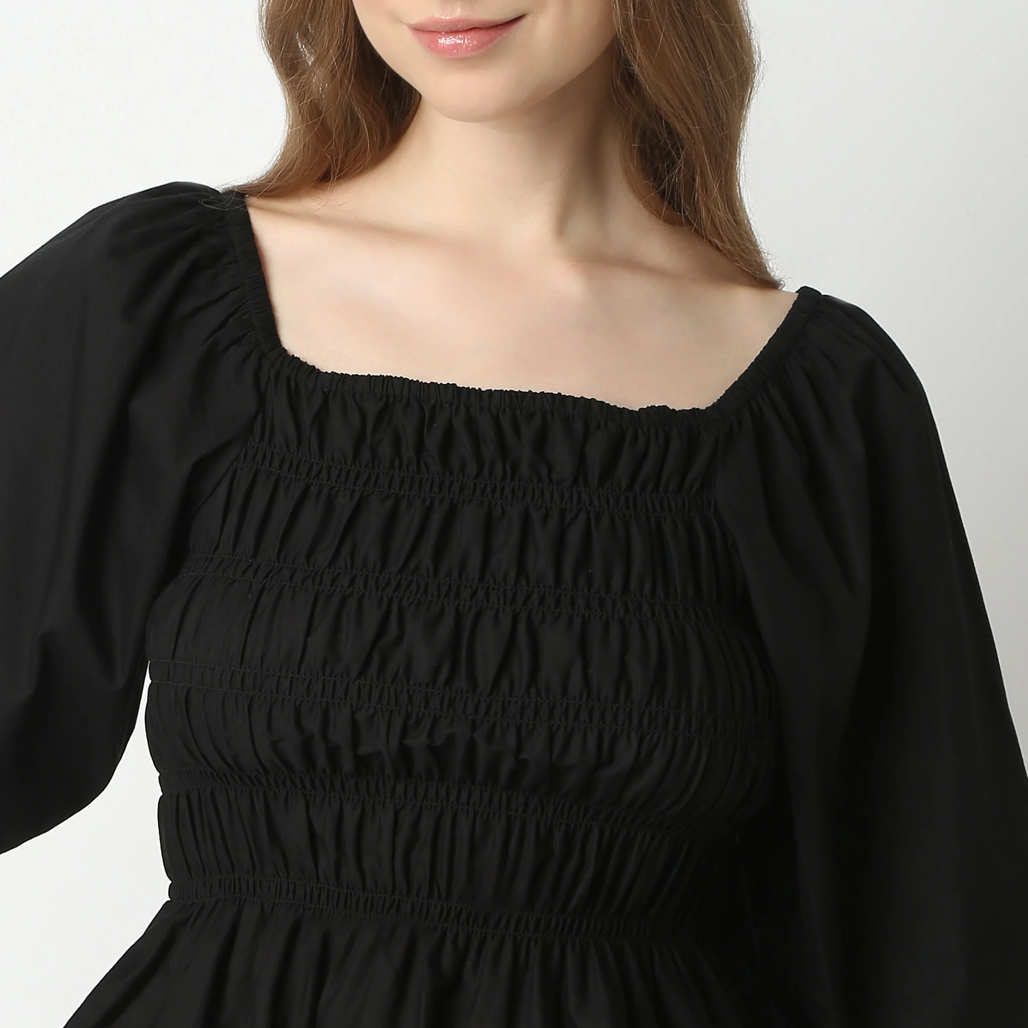 Solid Three-Fourth Sleeve Square Neck Betty Smocking Pattern Crop Top - Image 5
