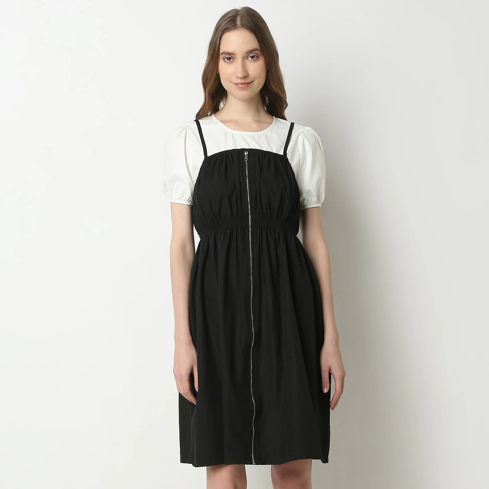 Solid Sleeveless Square Neck Knee Length Betty Dress With Front Zipper Detail - Image 2