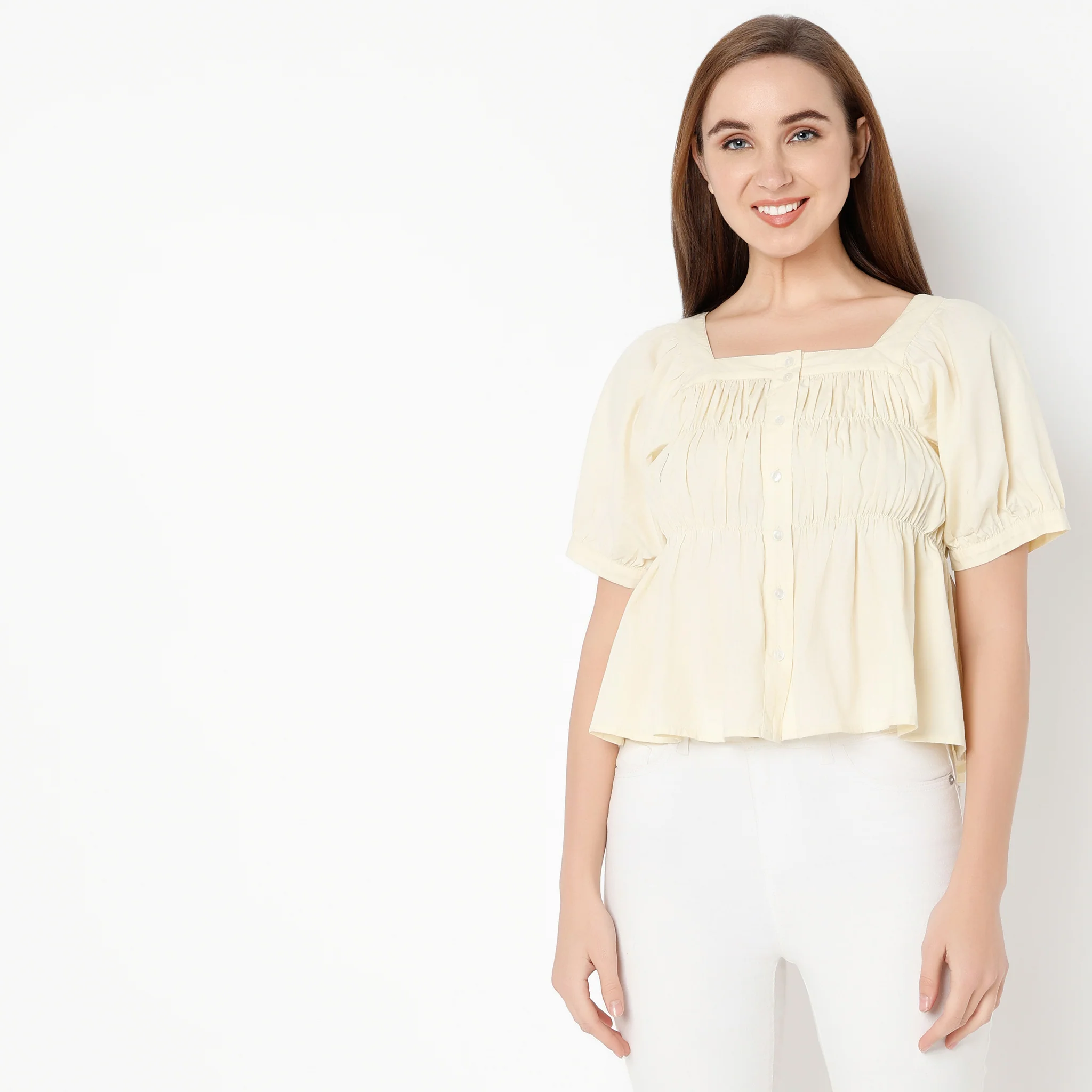 Square Neck Half Sleeve Solid Smocked Top - Image 2