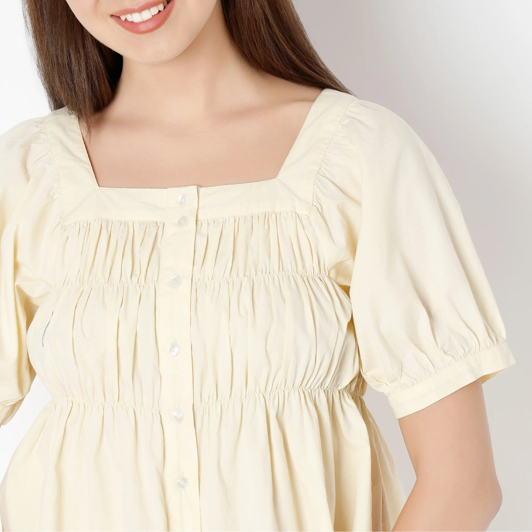 Square Neck Half Sleeve Solid Smocked Top - Image 4