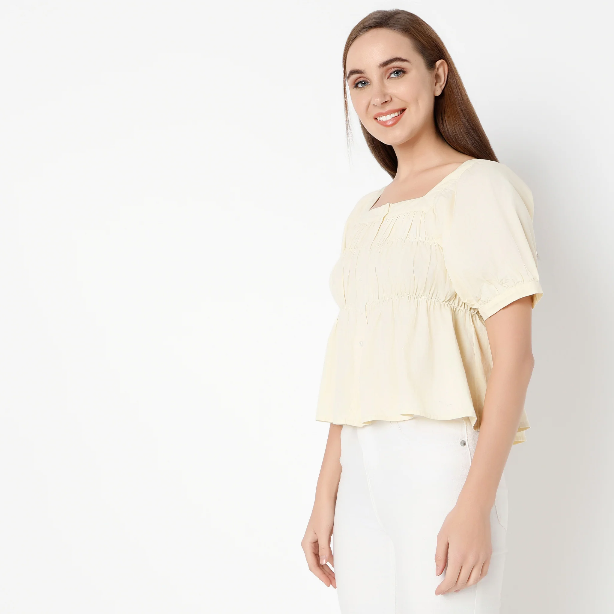 Square Neck Half Sleeve Solid Smocked Top - Image 5