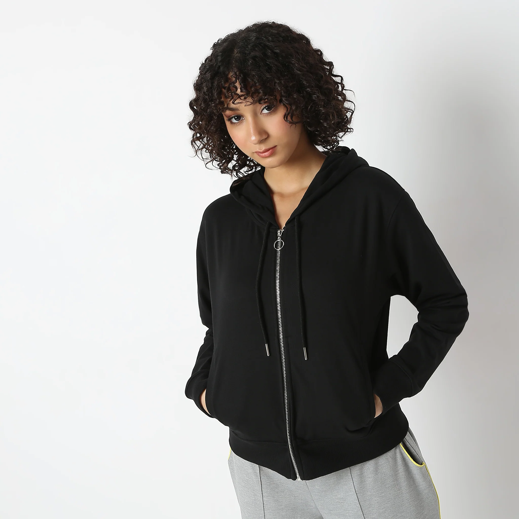 Hooded Front Zipper Knit Sweatshirt - Image 2