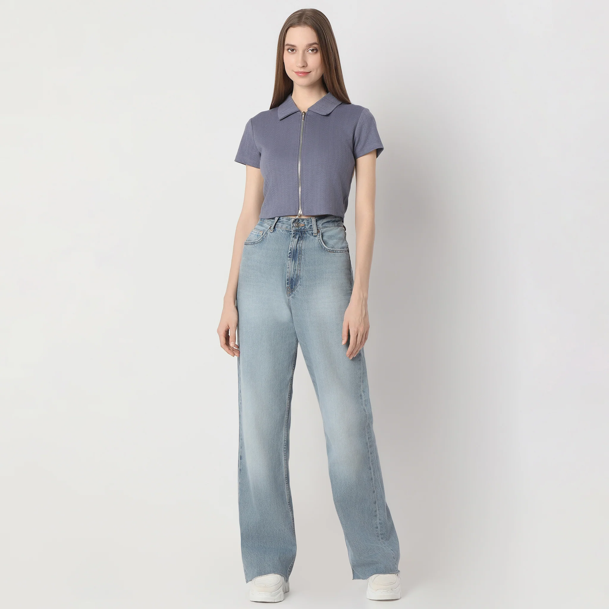 Solid Polo Neck Short Sleeve Tee With Front Zip Open Crop T-Shirt - Image 11