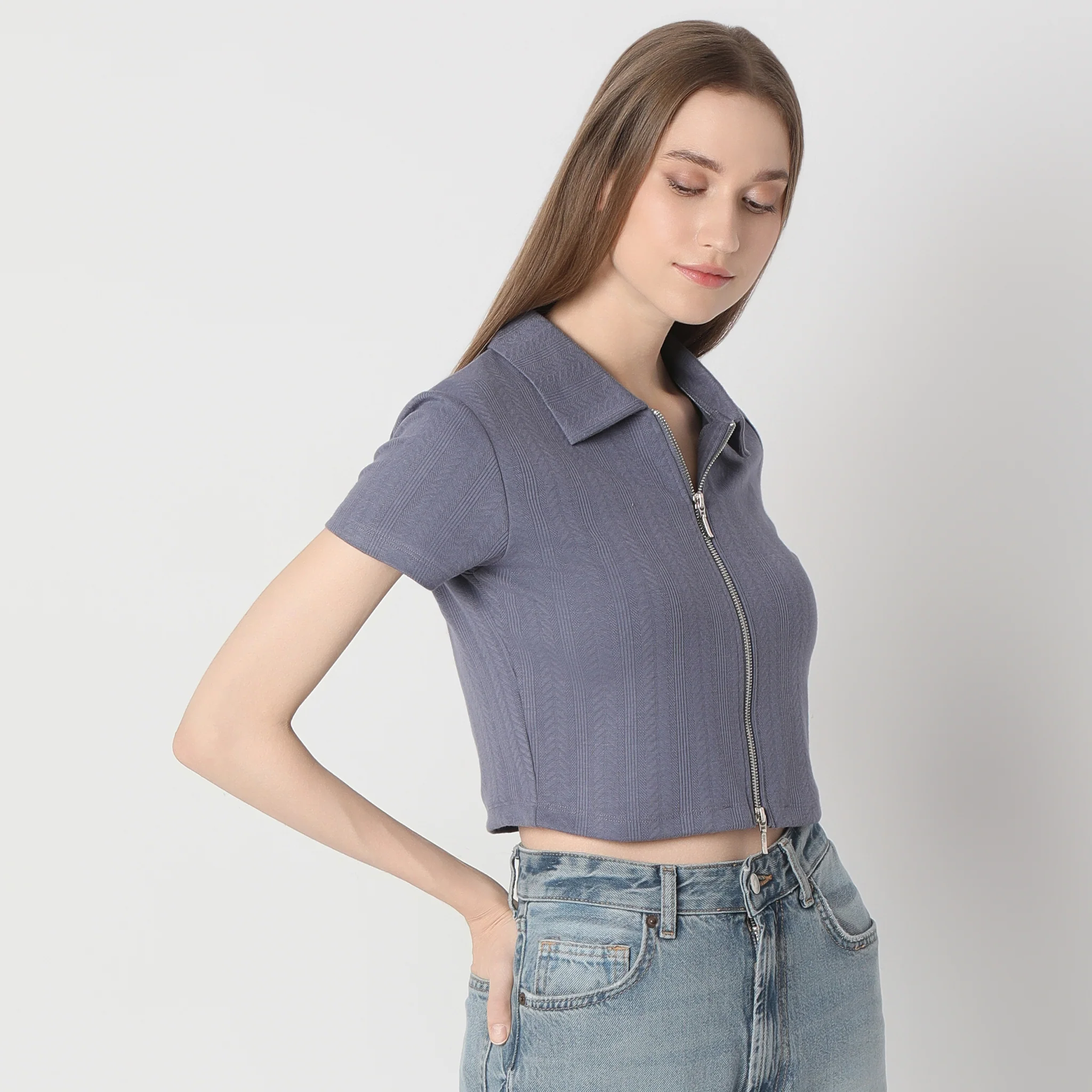 Solid Polo Neck Short Sleeve Tee With Front Zip Open Crop T-Shirt - Image 12