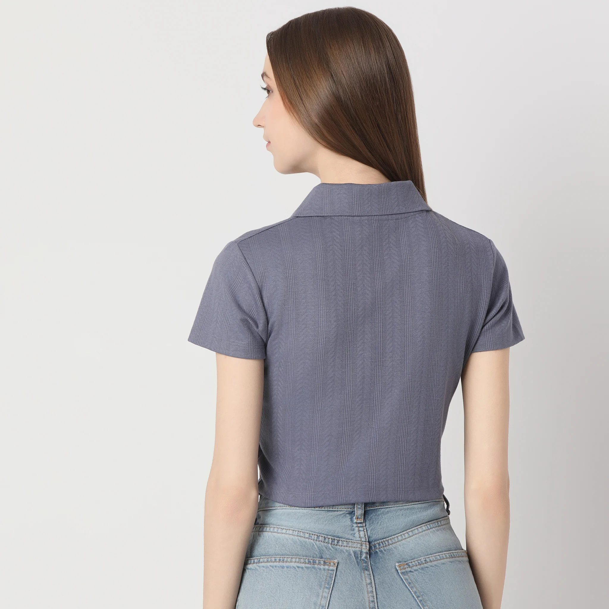 Solid Polo Neck Short Sleeve Tee With Front Zip Open Crop T-Shirt - Image 13
