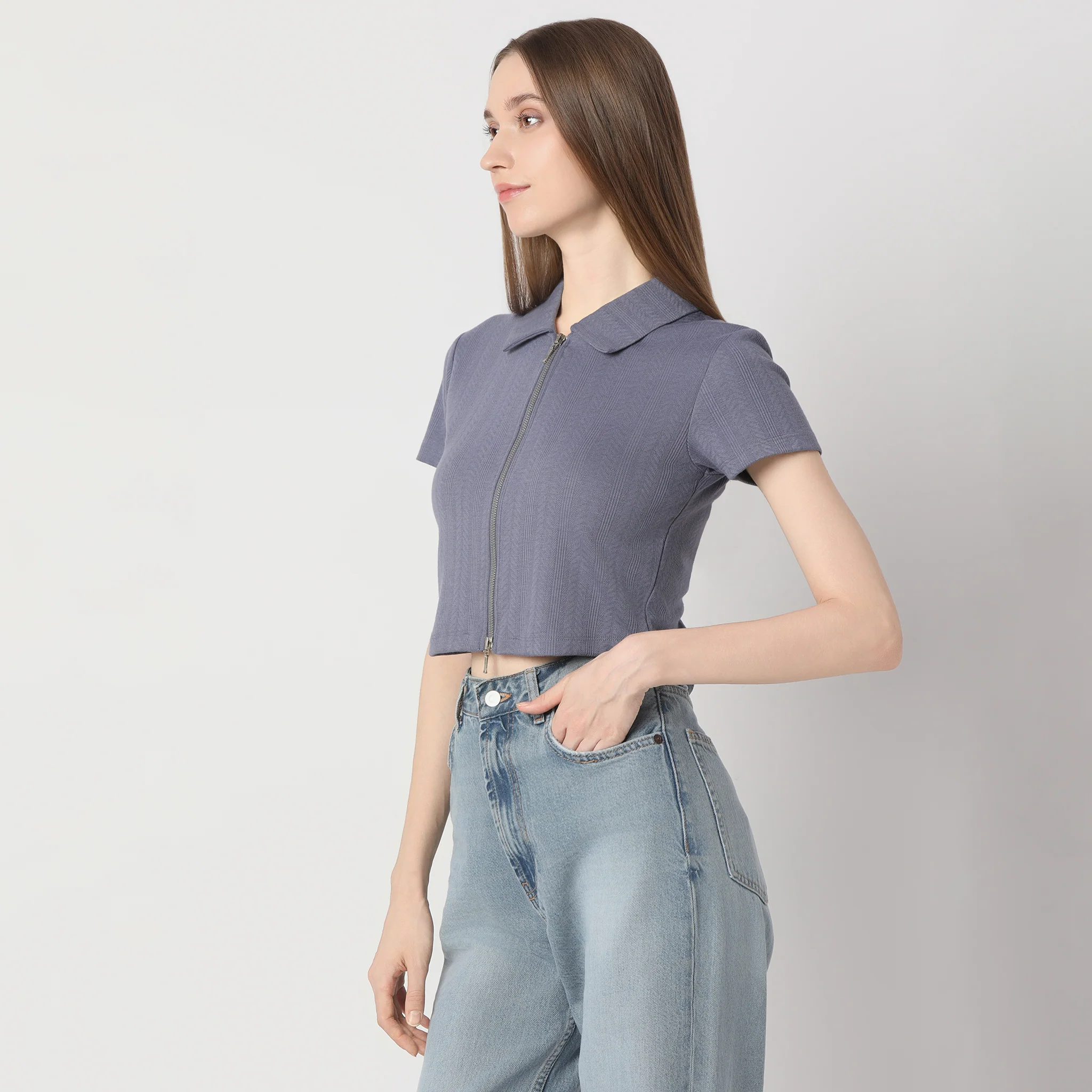 Solid Polo Neck Short Sleeve Tee With Front Zip Open Crop T-Shirt - Image 14