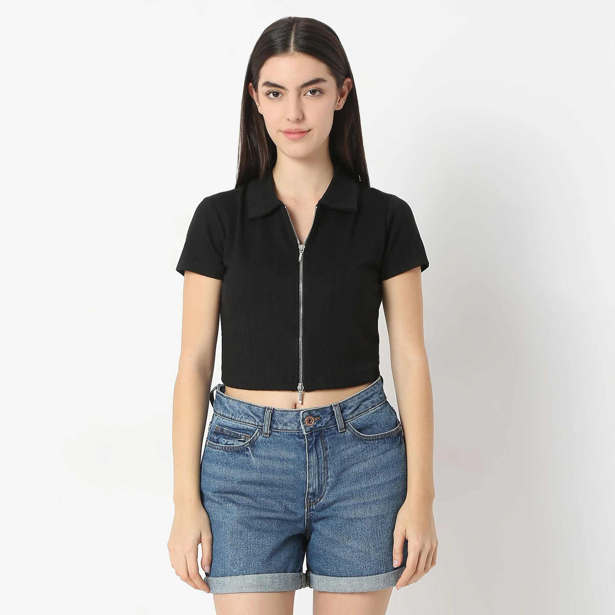Solid Polo Neck Short Sleeve Tee With Front Zip Open Crop T-Shirt - Image 2