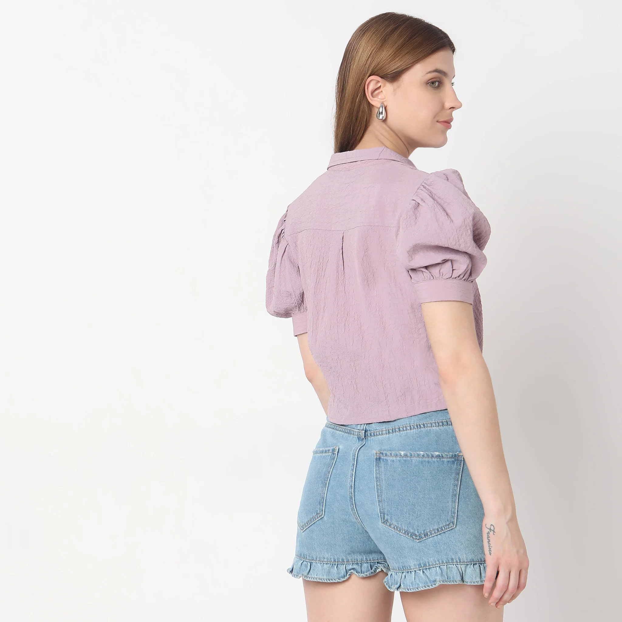 Cropped Shirt Collar Betty Puff Sleeve Top - Image 3