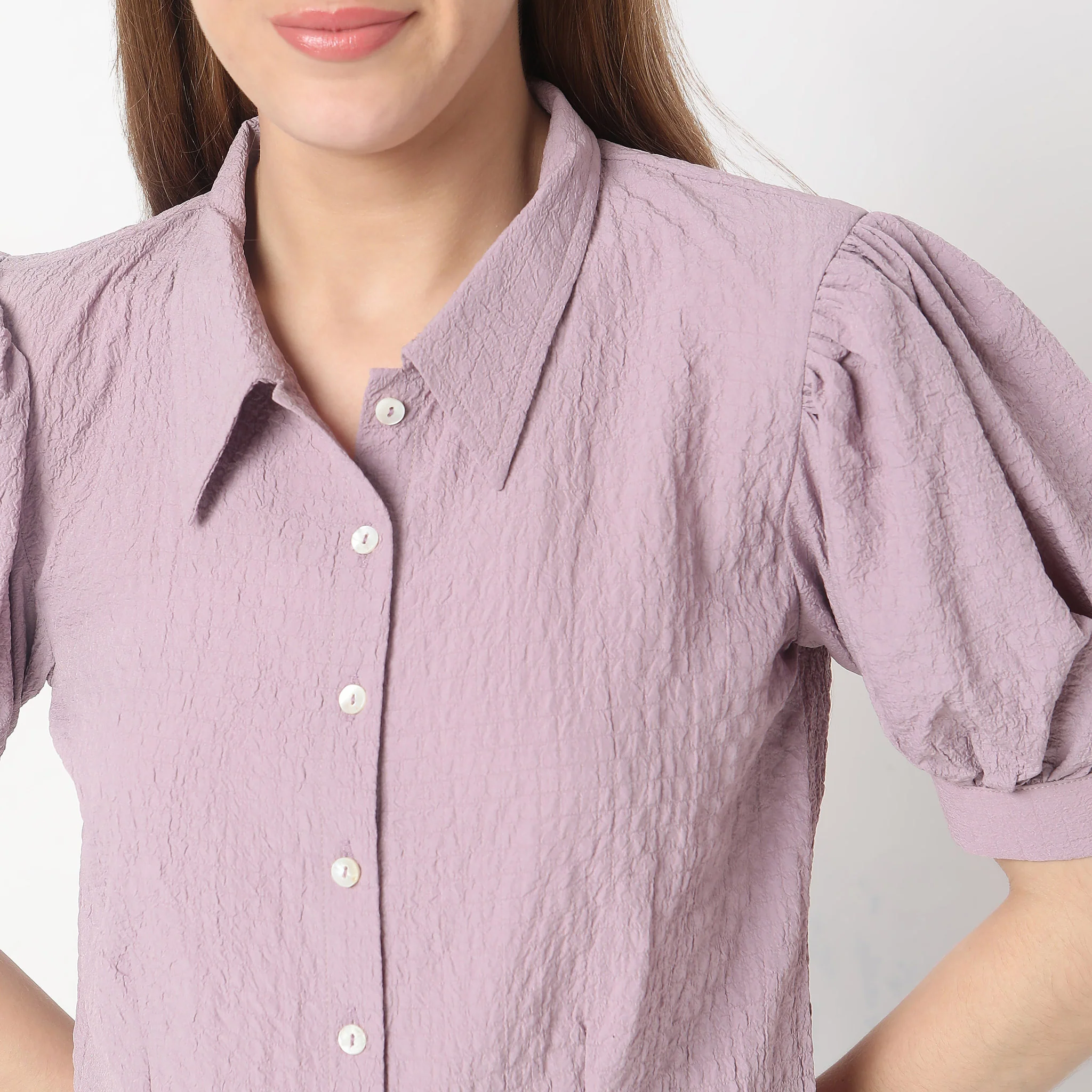 Cropped Shirt Collar Betty Puff Sleeve Top - Image 4