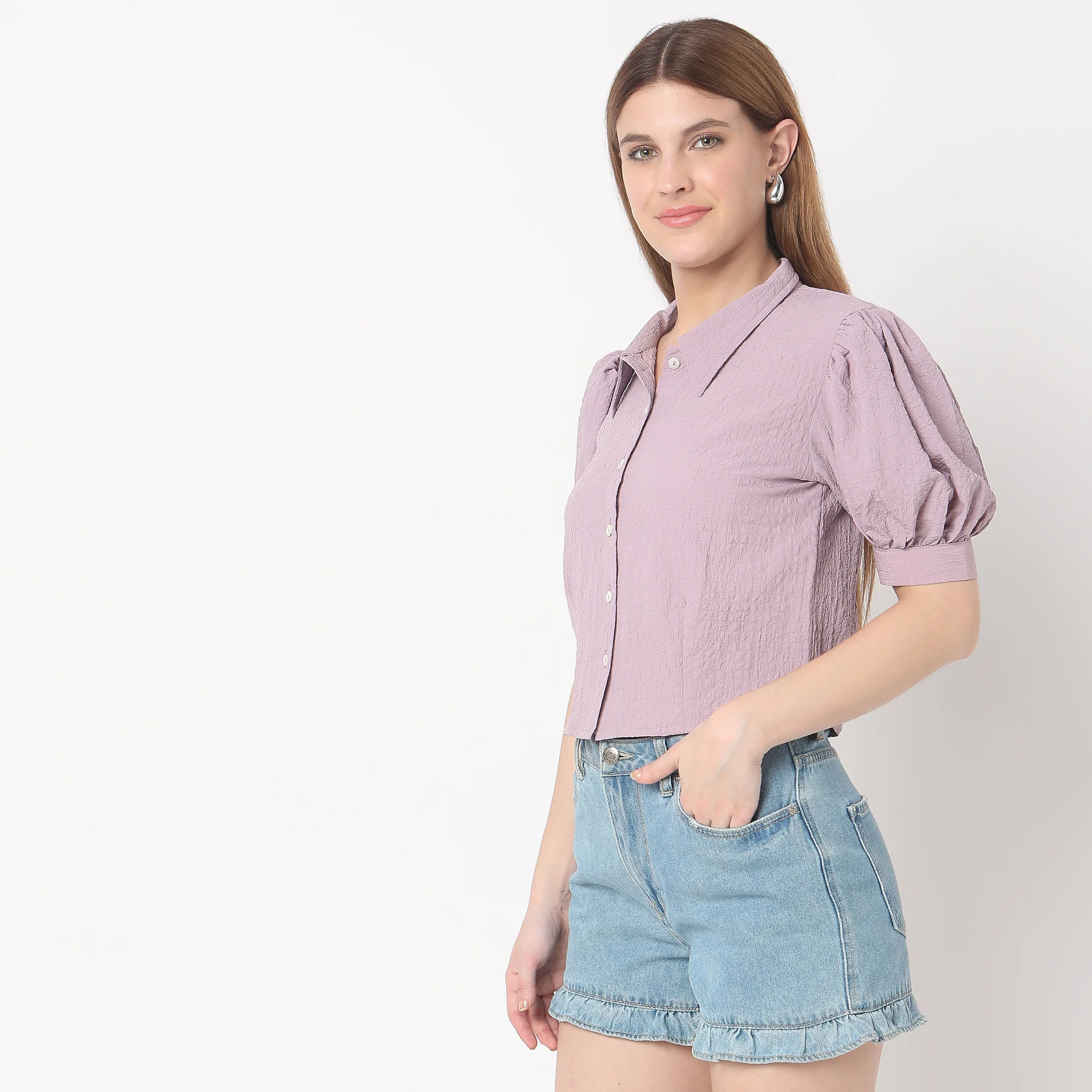 Cropped Shirt Collar Betty Puff Sleeve Top - Image 5