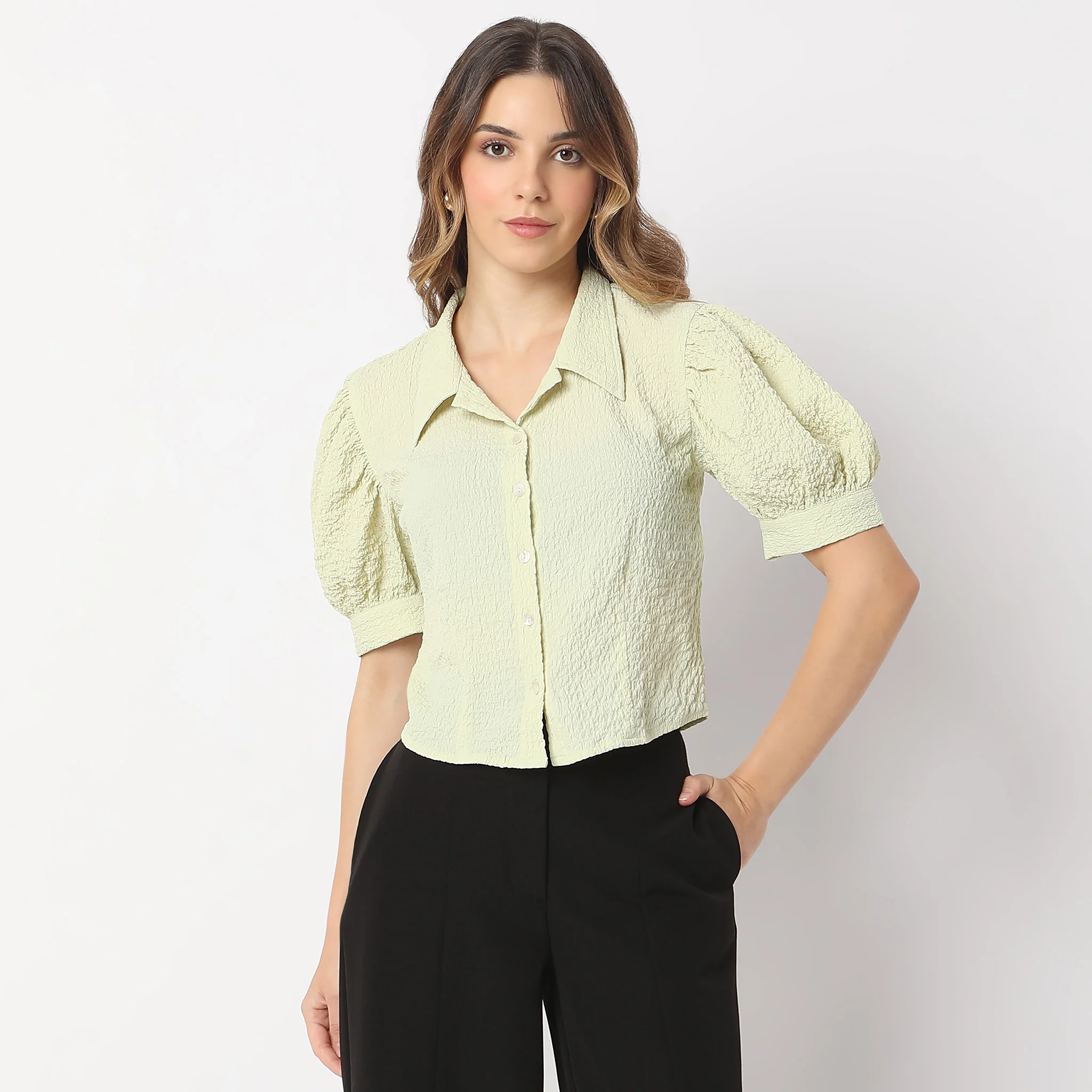 Cropped Shirt Collar Betty Puff Sleeve Top - Image 7