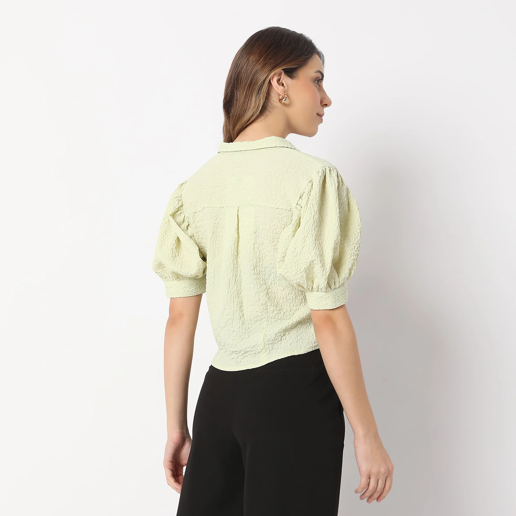 Cropped Shirt Collar Betty Puff Sleeve Top - Image 8