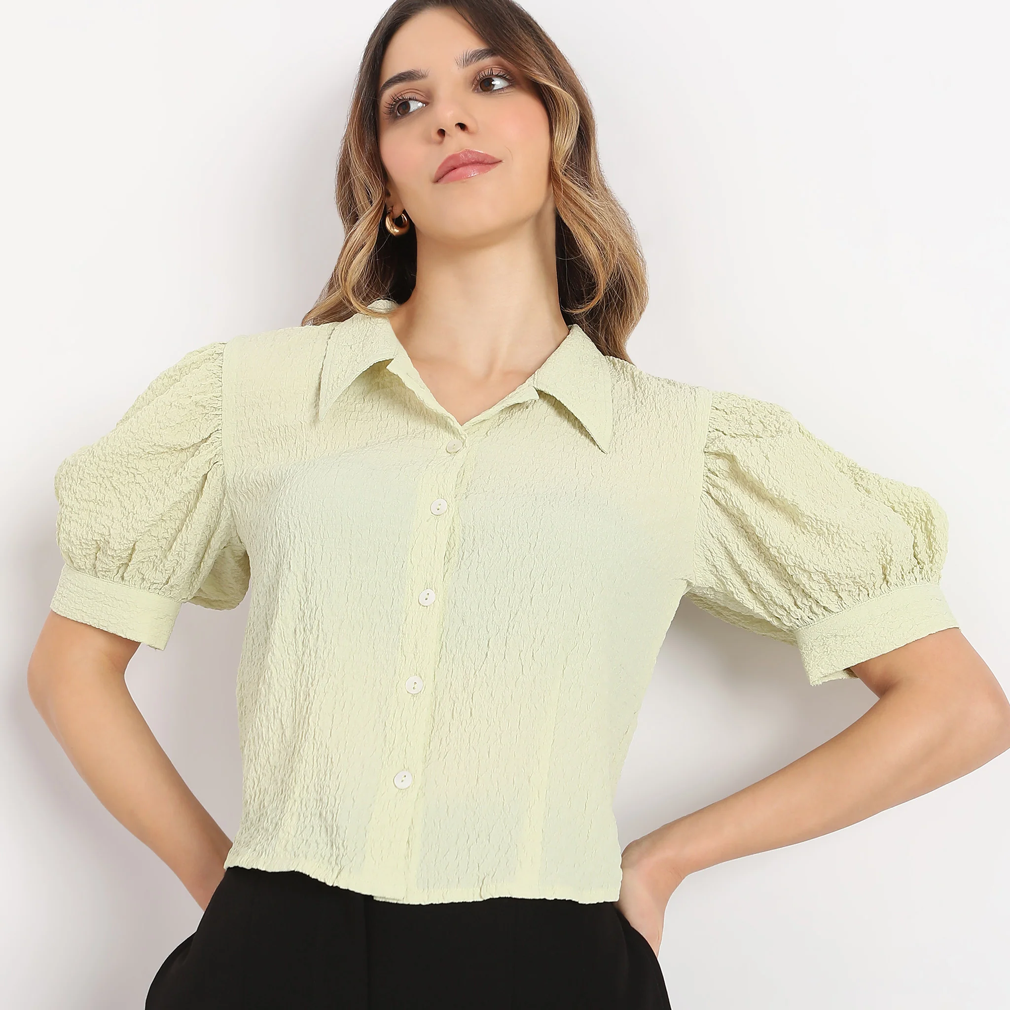 Cropped Shirt Collar Betty Puff Sleeve Top - Image 9