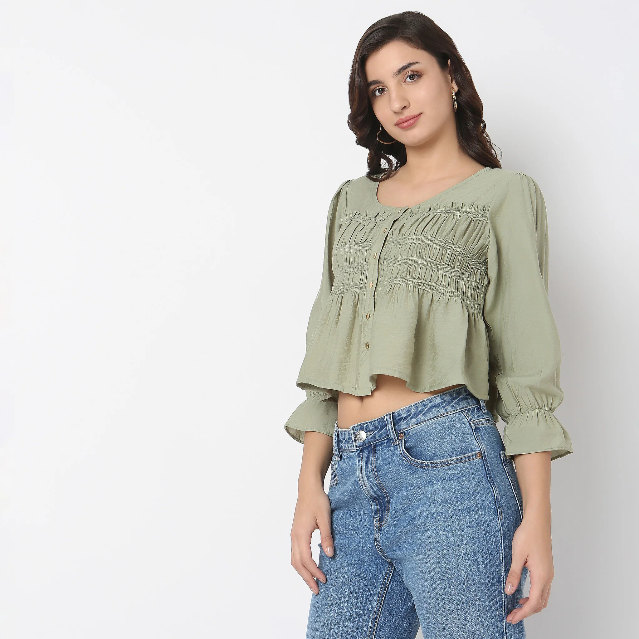 Round Neck Solid Smock Crop Top - Image 4