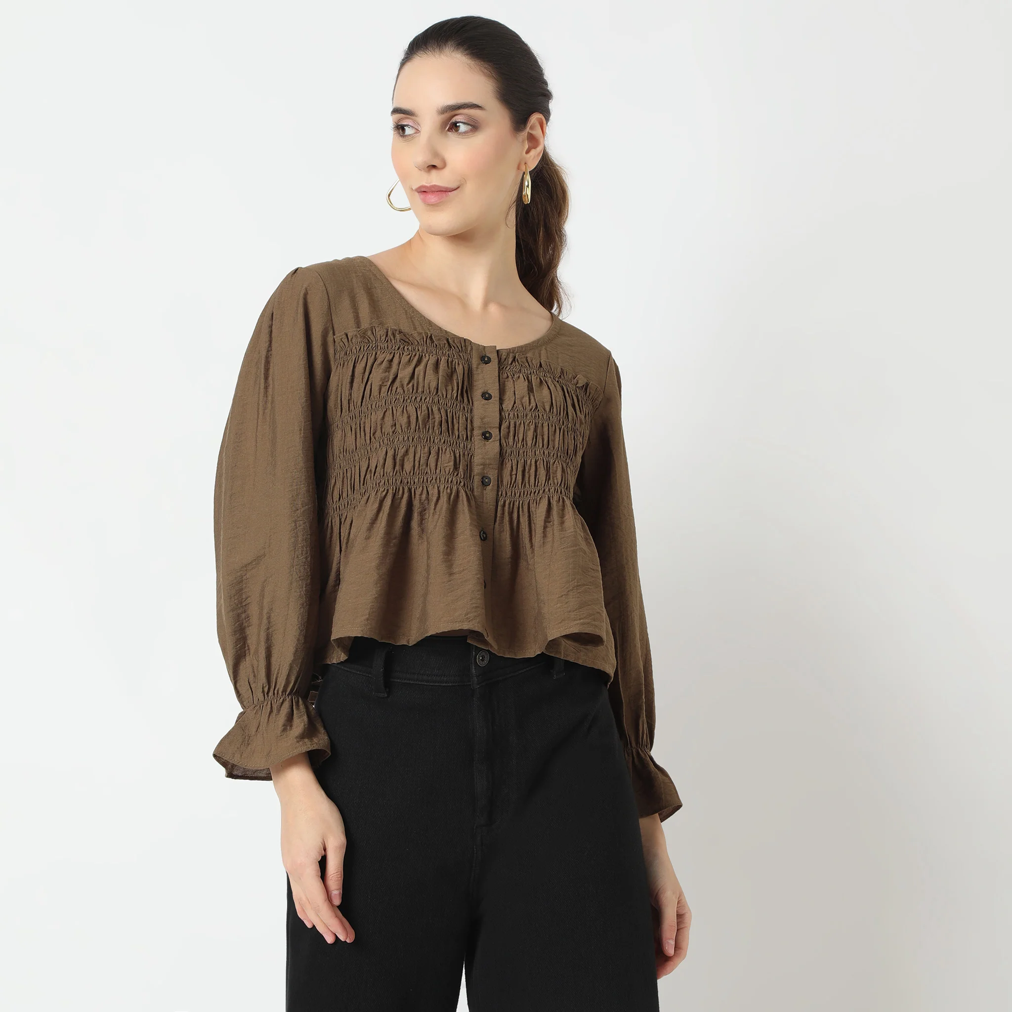 Round Neck Solid Smock Crop Top - Image 7