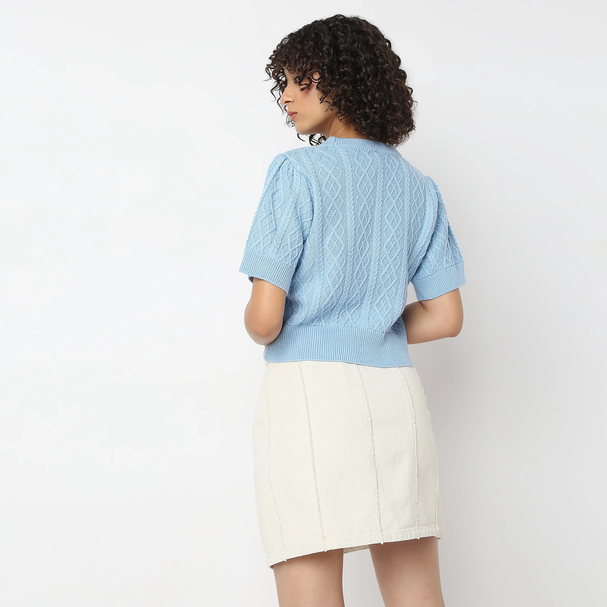 Cable-Knit Texture With Geometric Diamond Cropped Length Top - Image 3