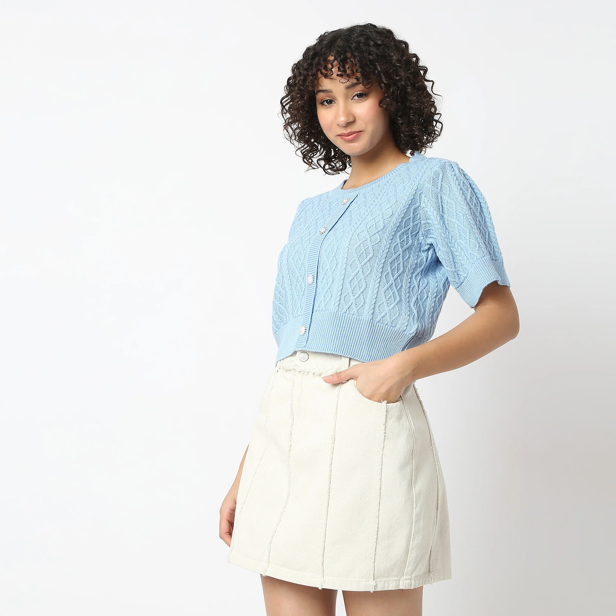 Cable-Knit Texture With Geometric Diamond Cropped Length Top - Image 5