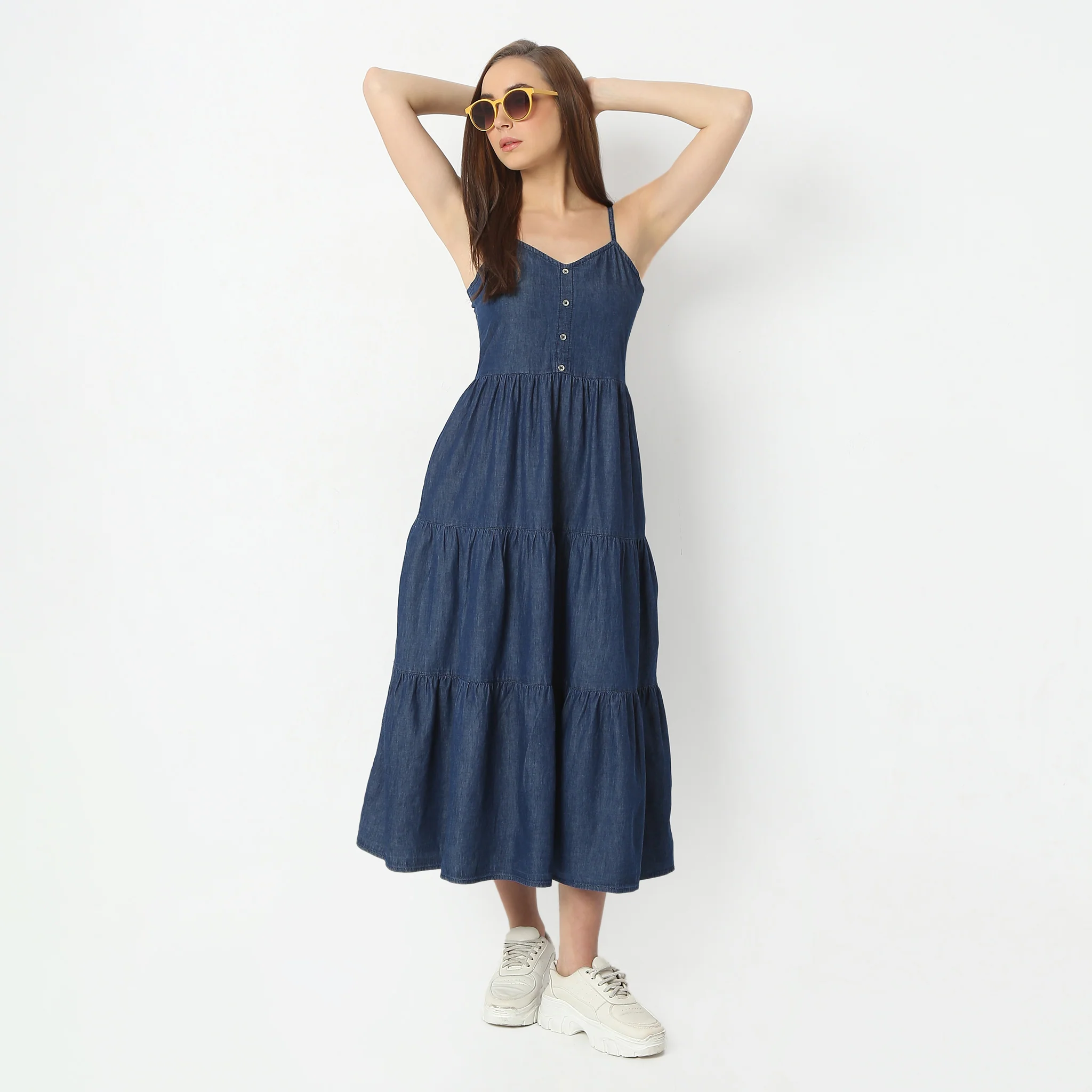 Calf Length V-Neck Spaghetti Long Tiered Denim Dress