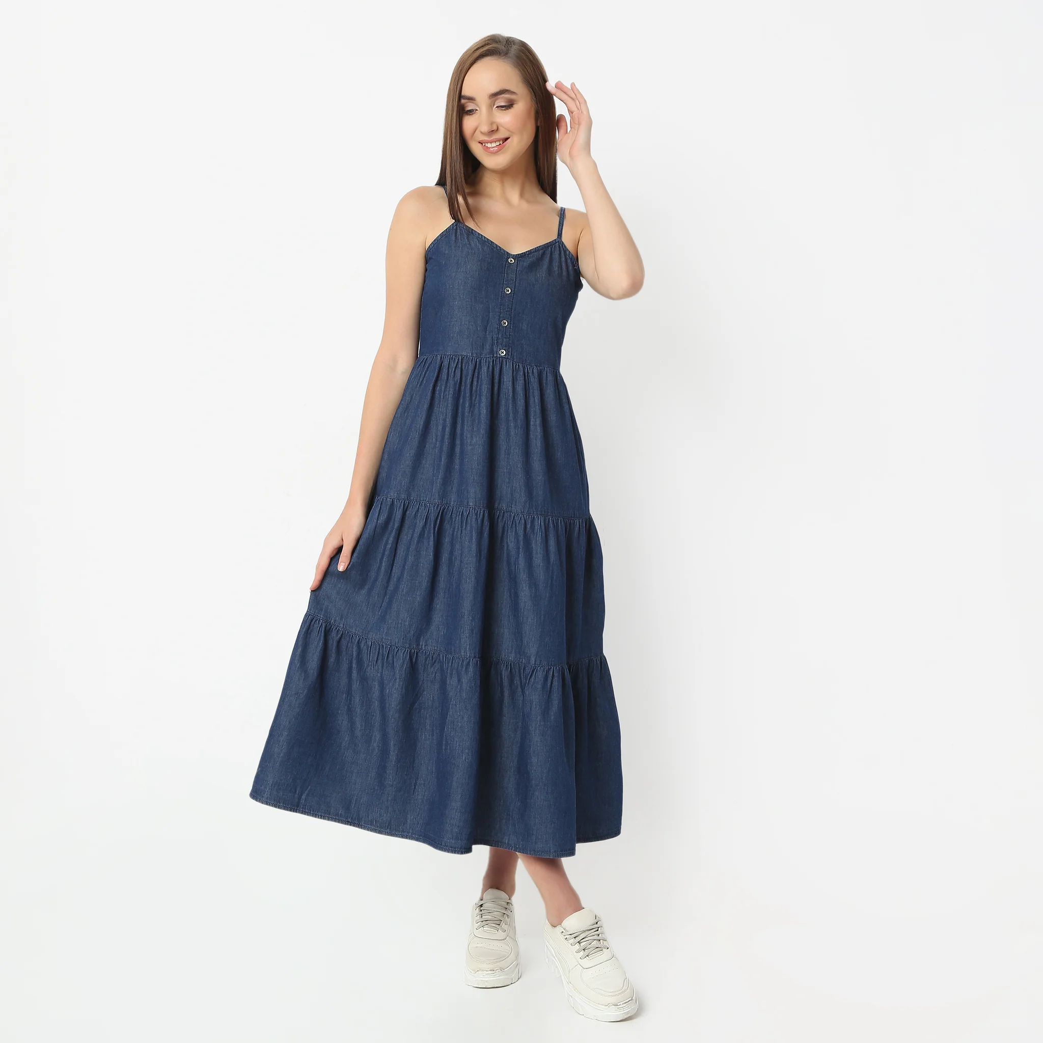 Calf Length V-Neck Spaghetti Long Tiered Denim Dress - Image 2