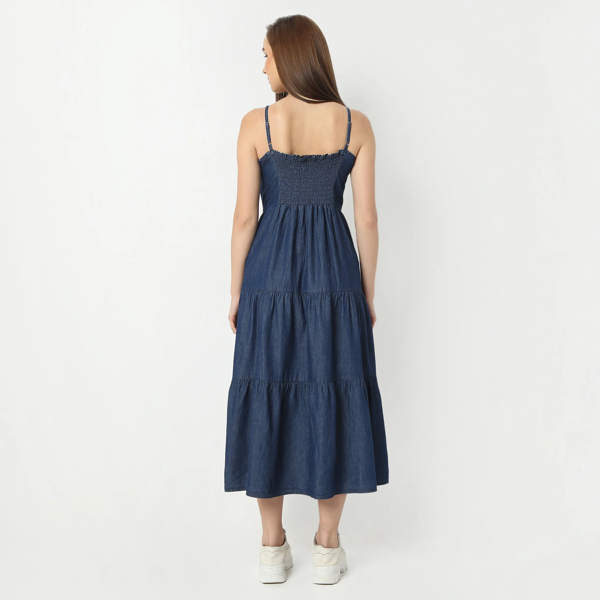 Calf Length V-Neck Spaghetti Long Tiered Denim Dress - Image 3