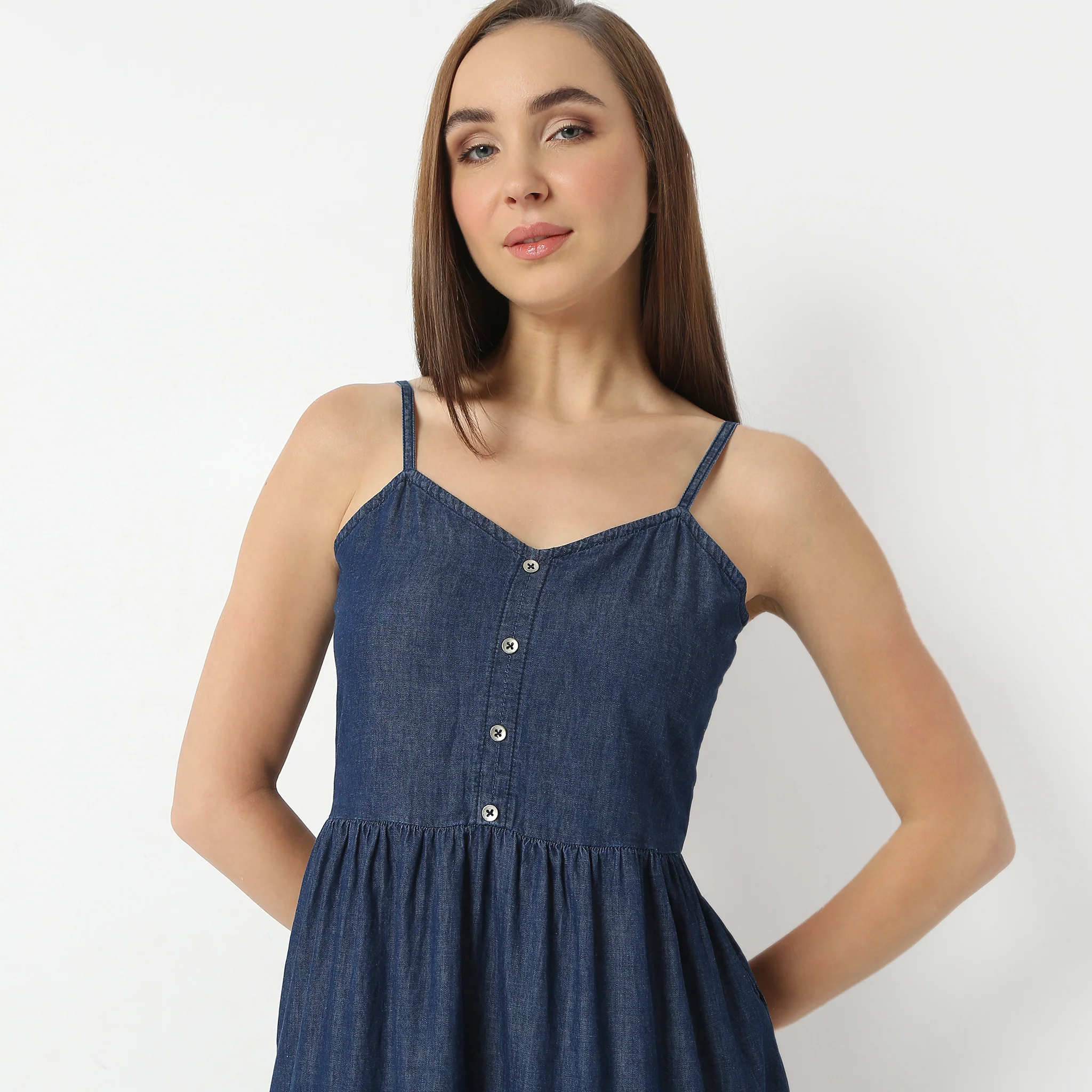 Calf Length V-Neck Spaghetti Long Tiered Denim Dress - Image 4