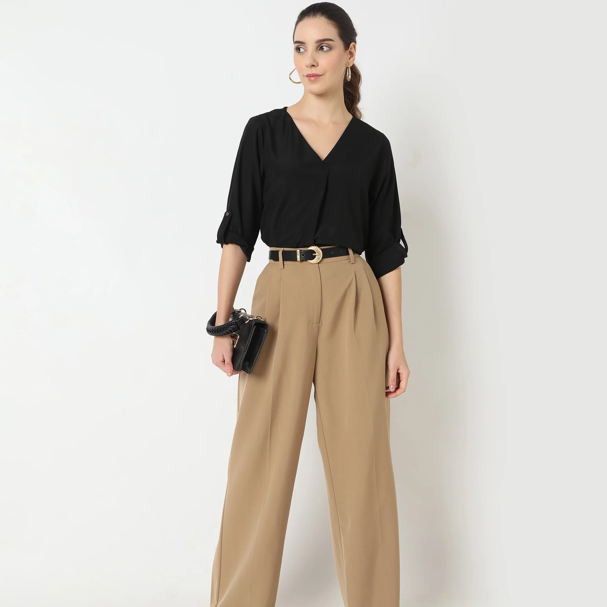 Solid Three-Fourth Sleeve V-Neck Top