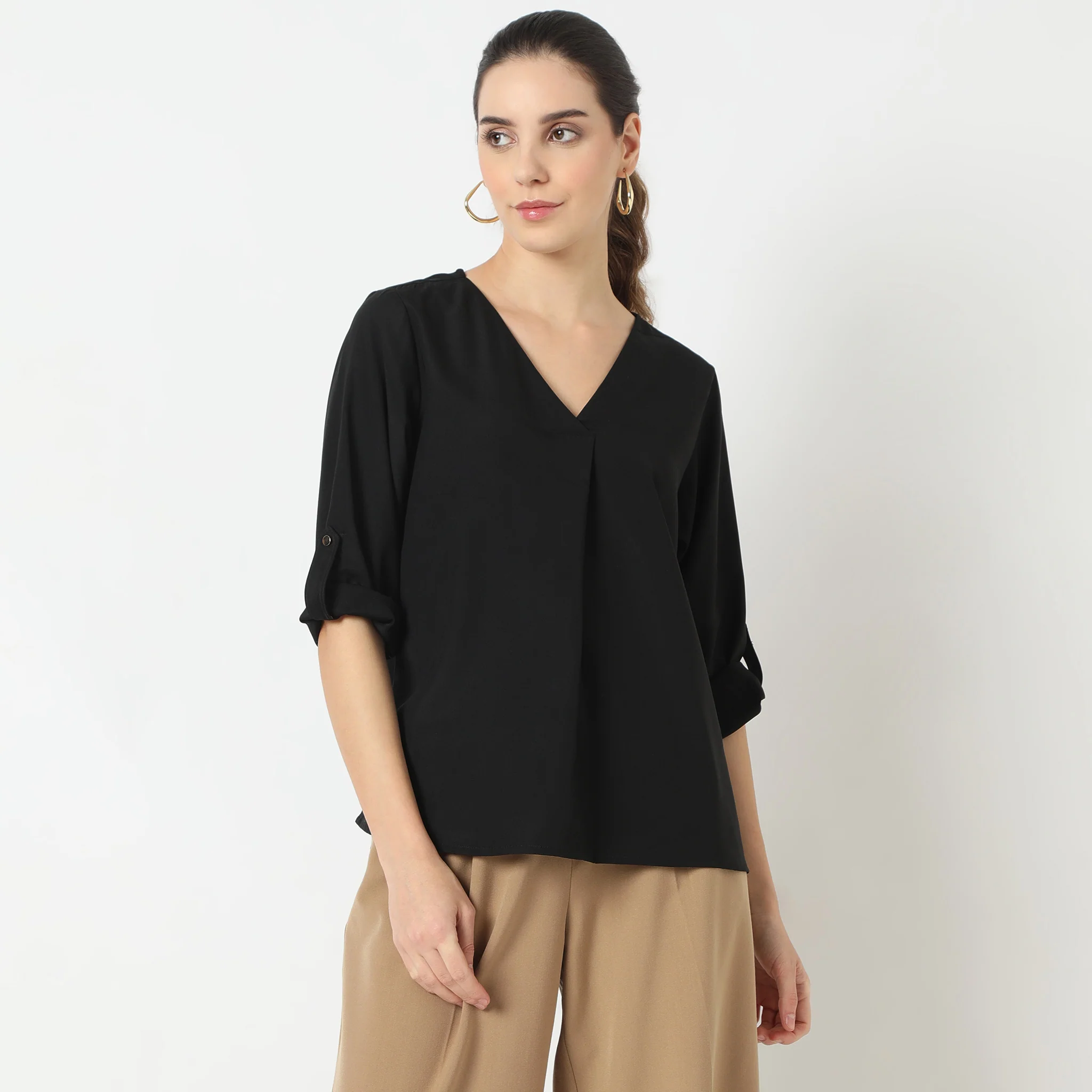 Solid Three-Fourth Sleeve V-Neck Top - Image 2