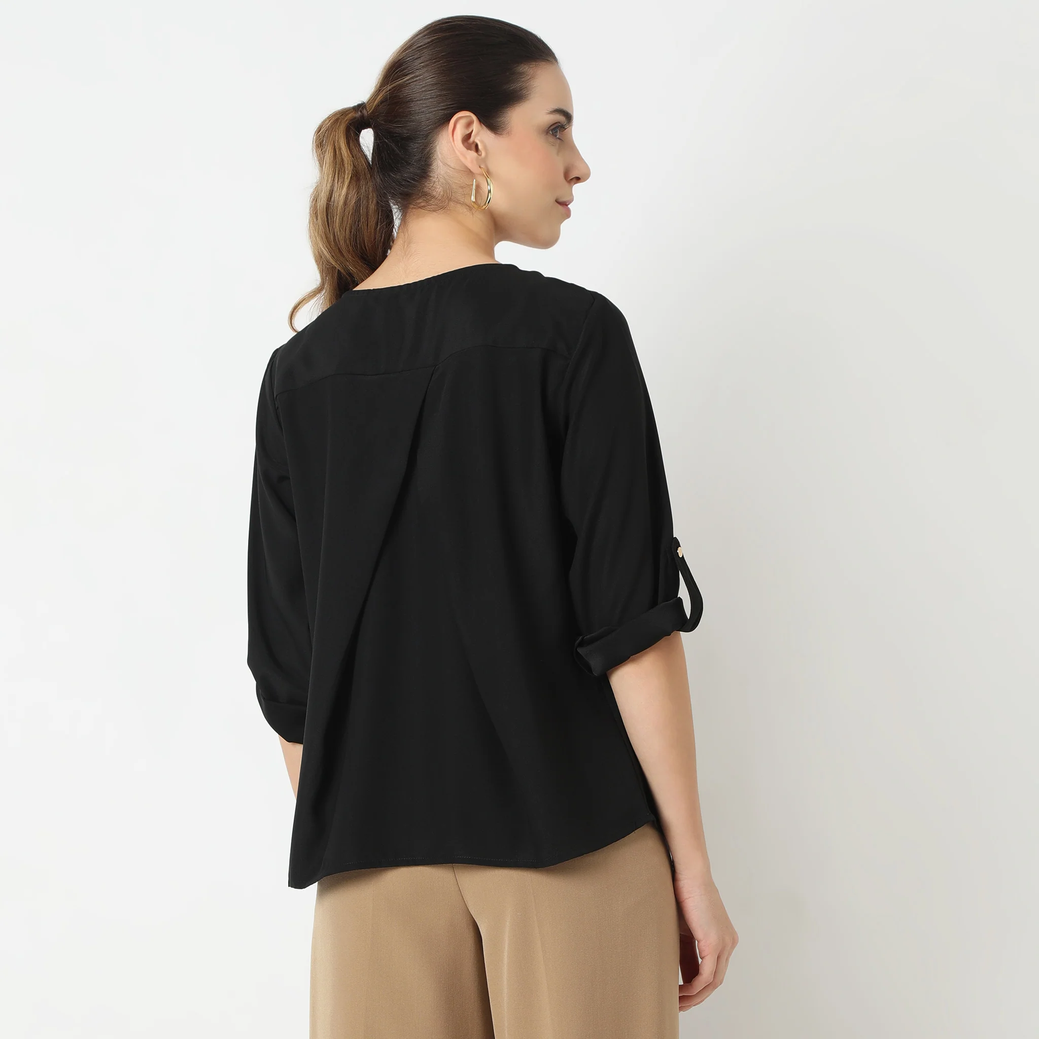Solid Three-Fourth Sleeve V-Neck Top - Image 3