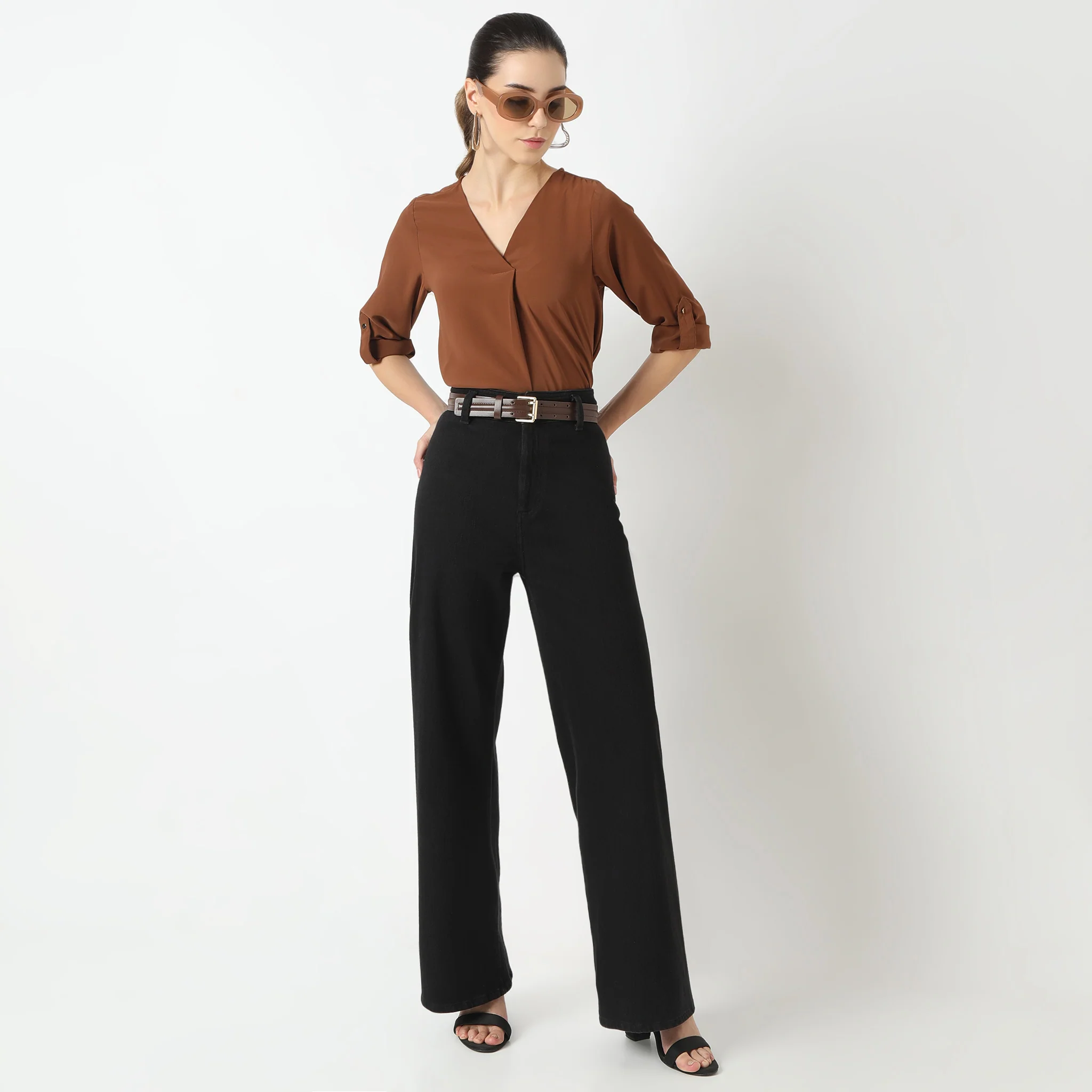 Solid Three-Fourth Sleeve V-Neck Top - Image 6