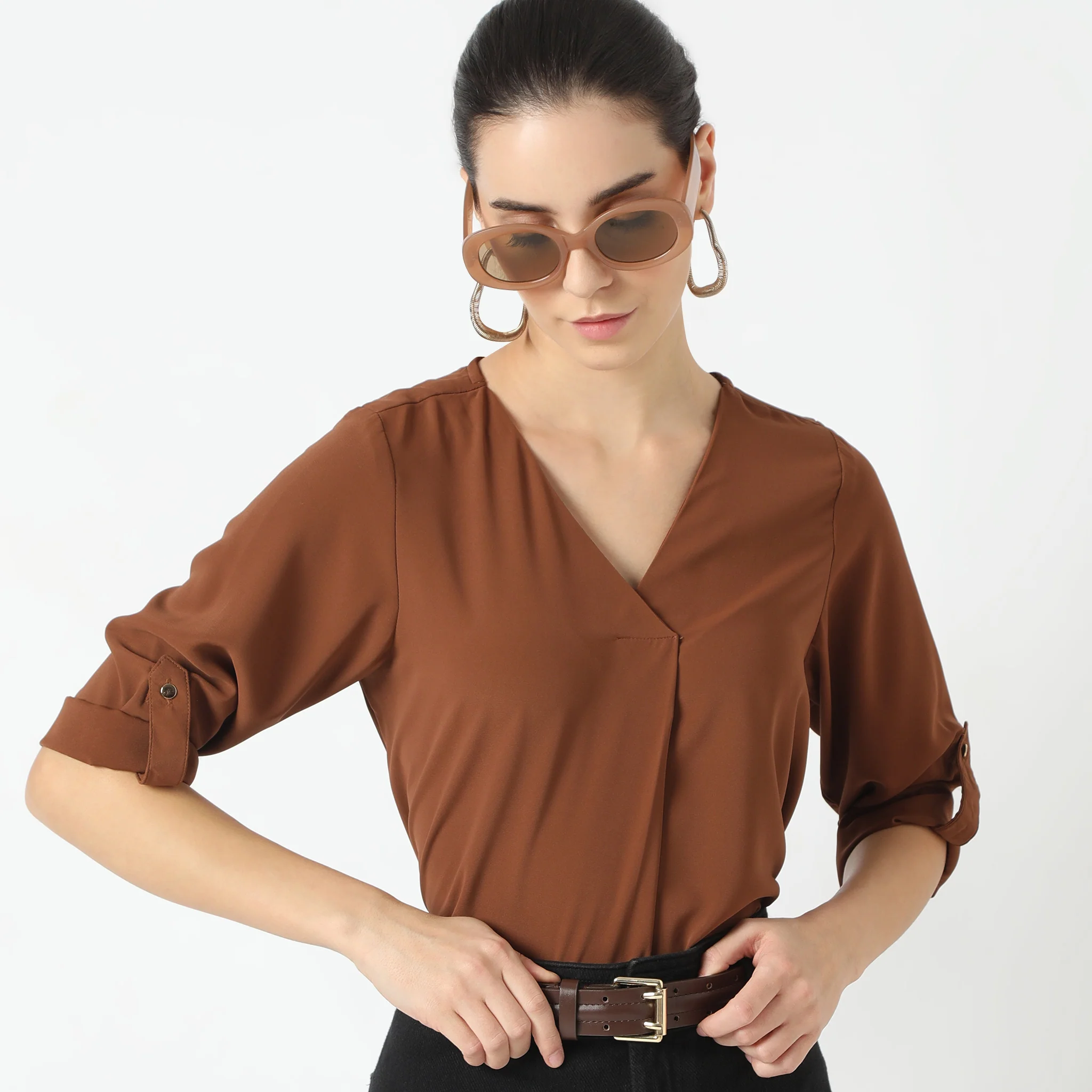 Solid Three-Fourth Sleeve V-Neck Top - Image 7