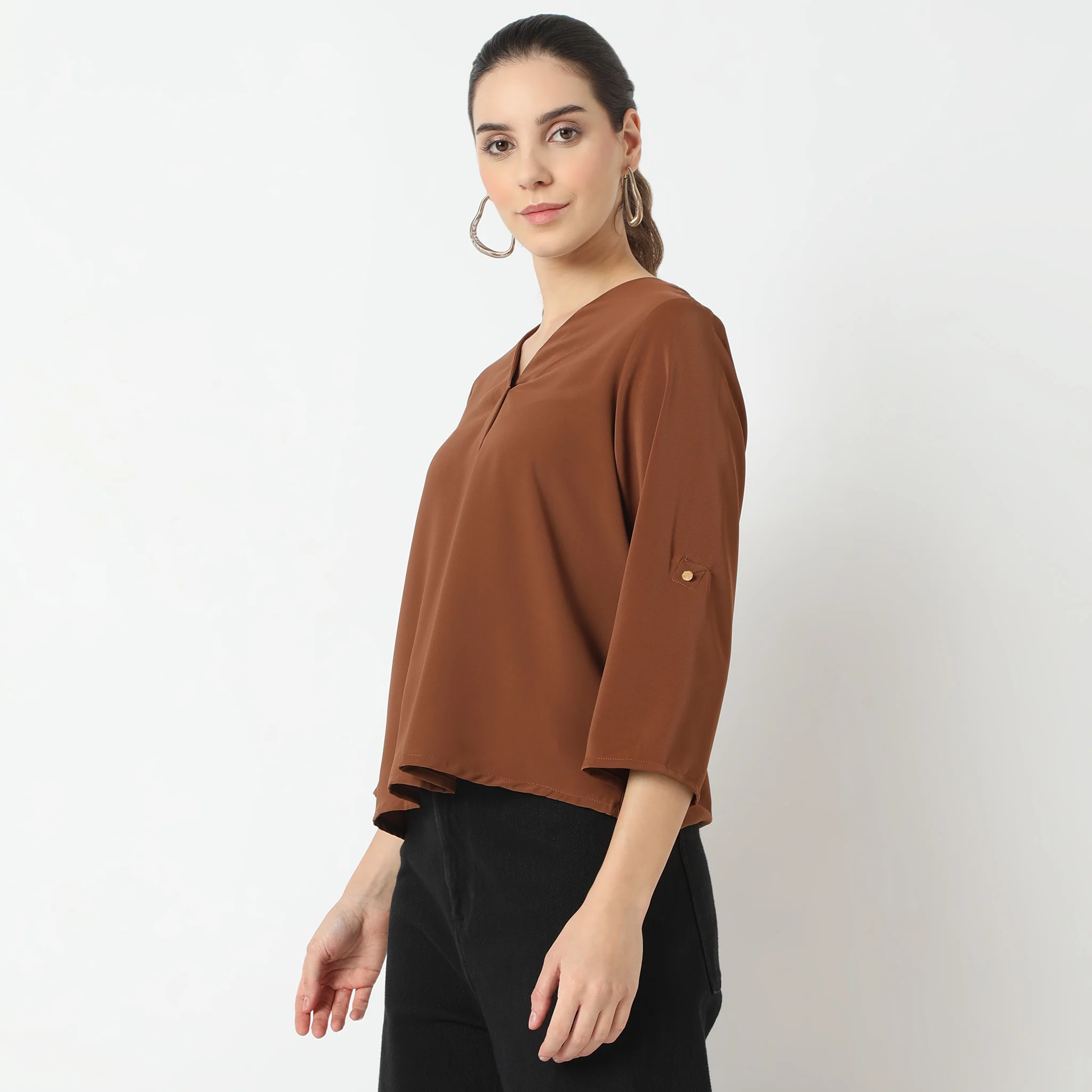 Solid Three-Fourth Sleeve V-Neck Top - Image 9