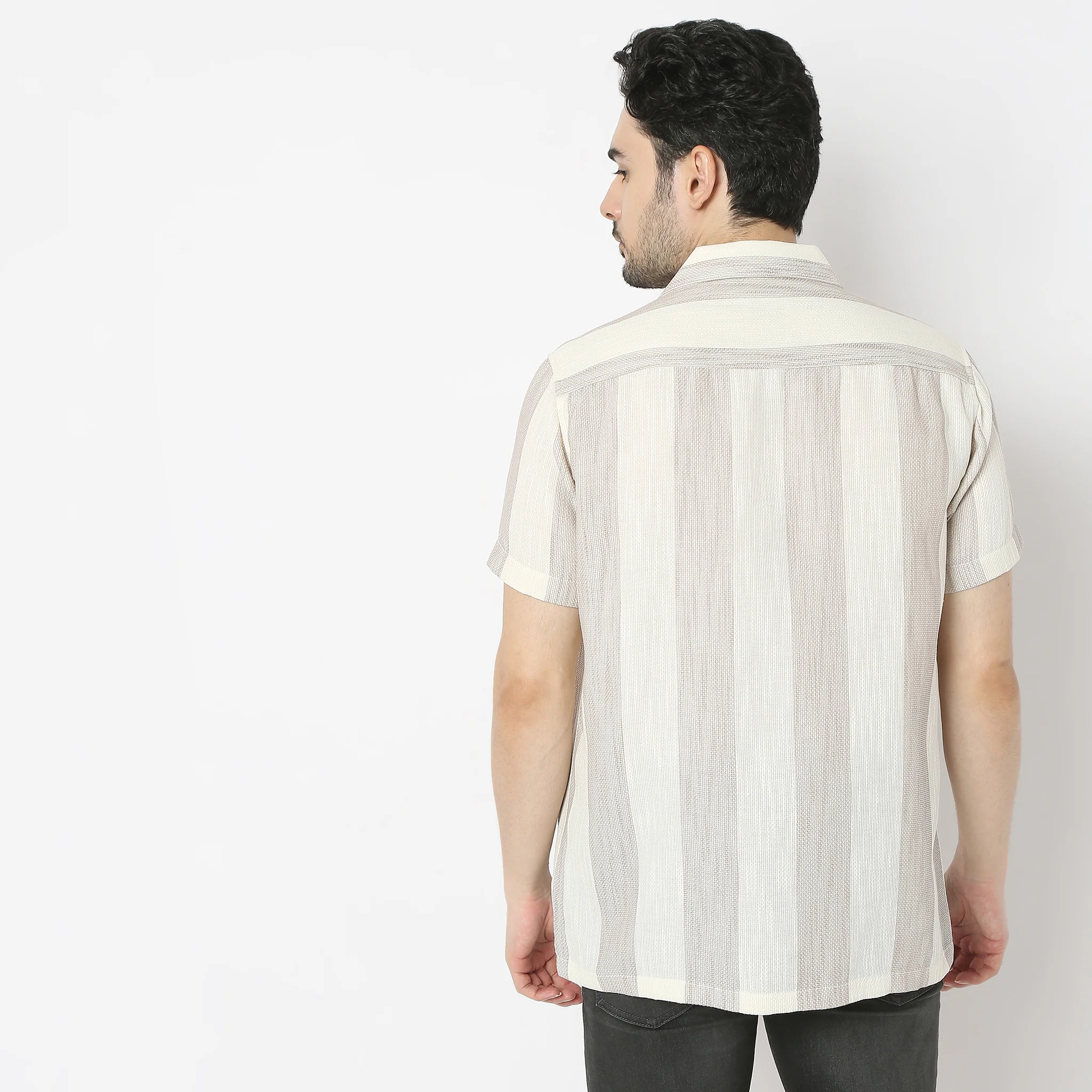 Mood ShirtįµĖ£ Camp Collar Half Sleeve Striped Relaxed Fit - Image 3