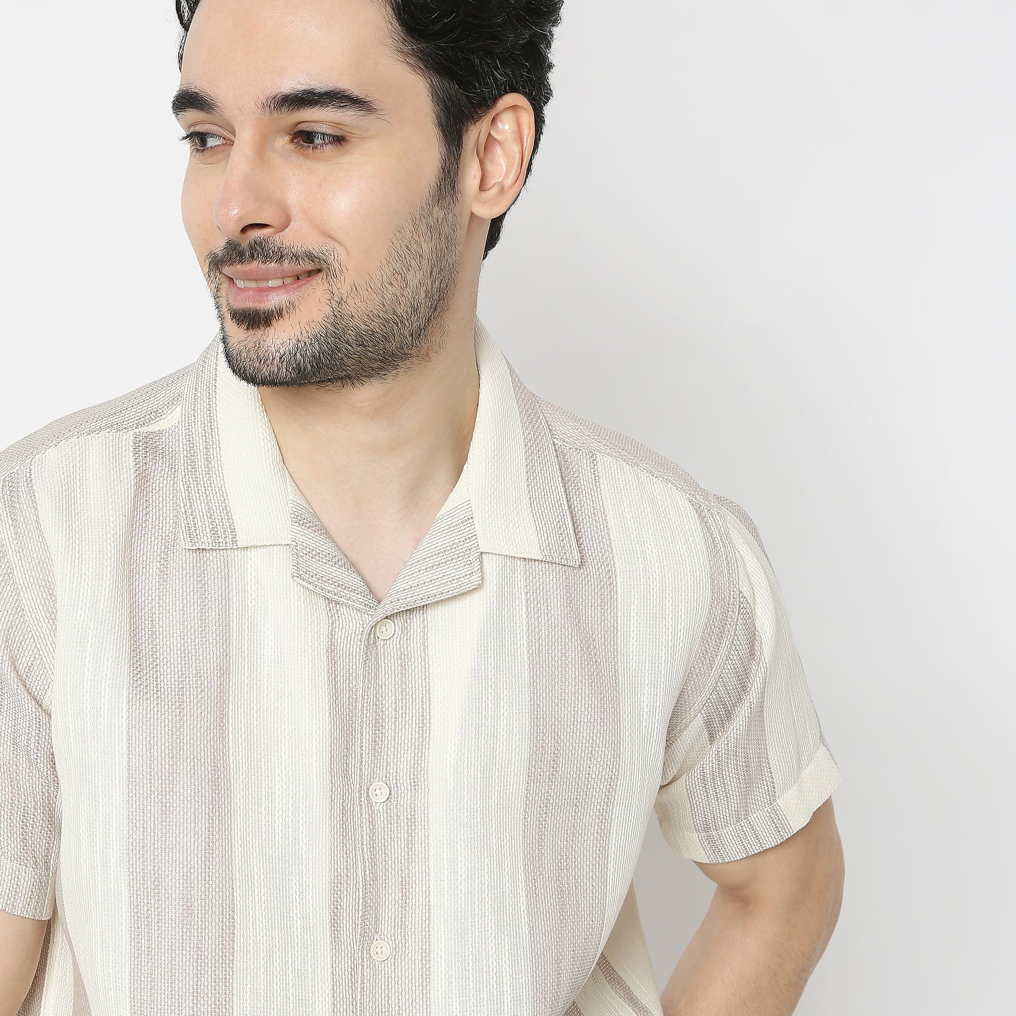 Mood ShirtįµĖ£ Camp Collar Half Sleeve Striped Relaxed Fit - Image 4