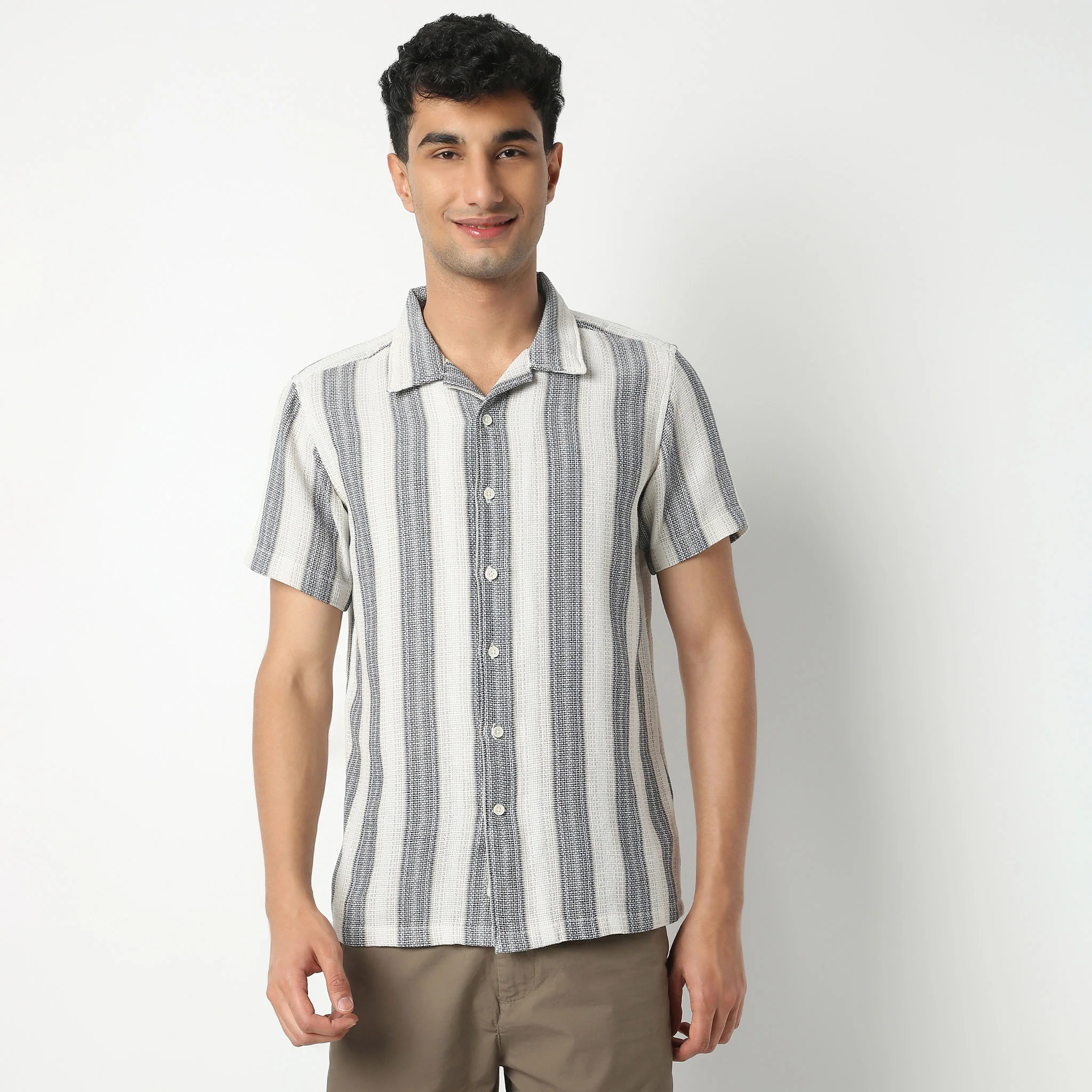 Striped Camp Collar Half Sleeve Mood Shirt - Image 2