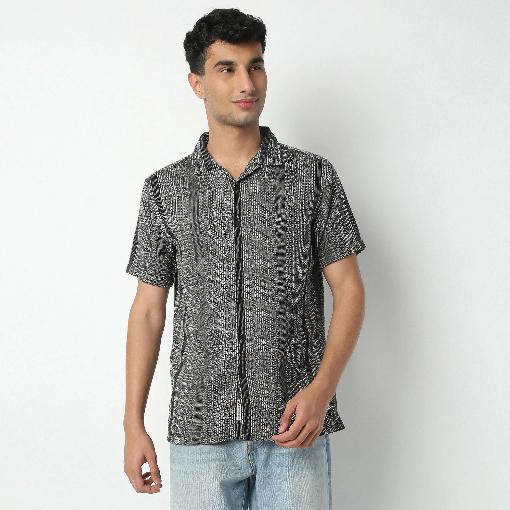 Striped Camp Collar Half Sleeve Mood Shirt - Image 2