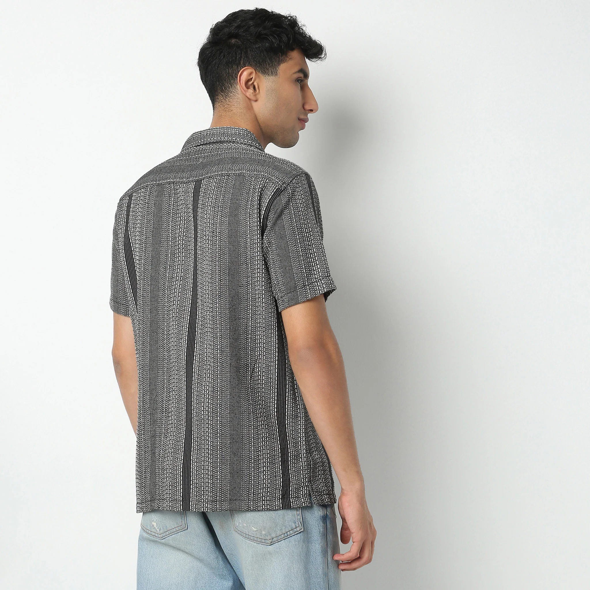 Striped Camp Collar Half Sleeve Mood Shirt - Image 3