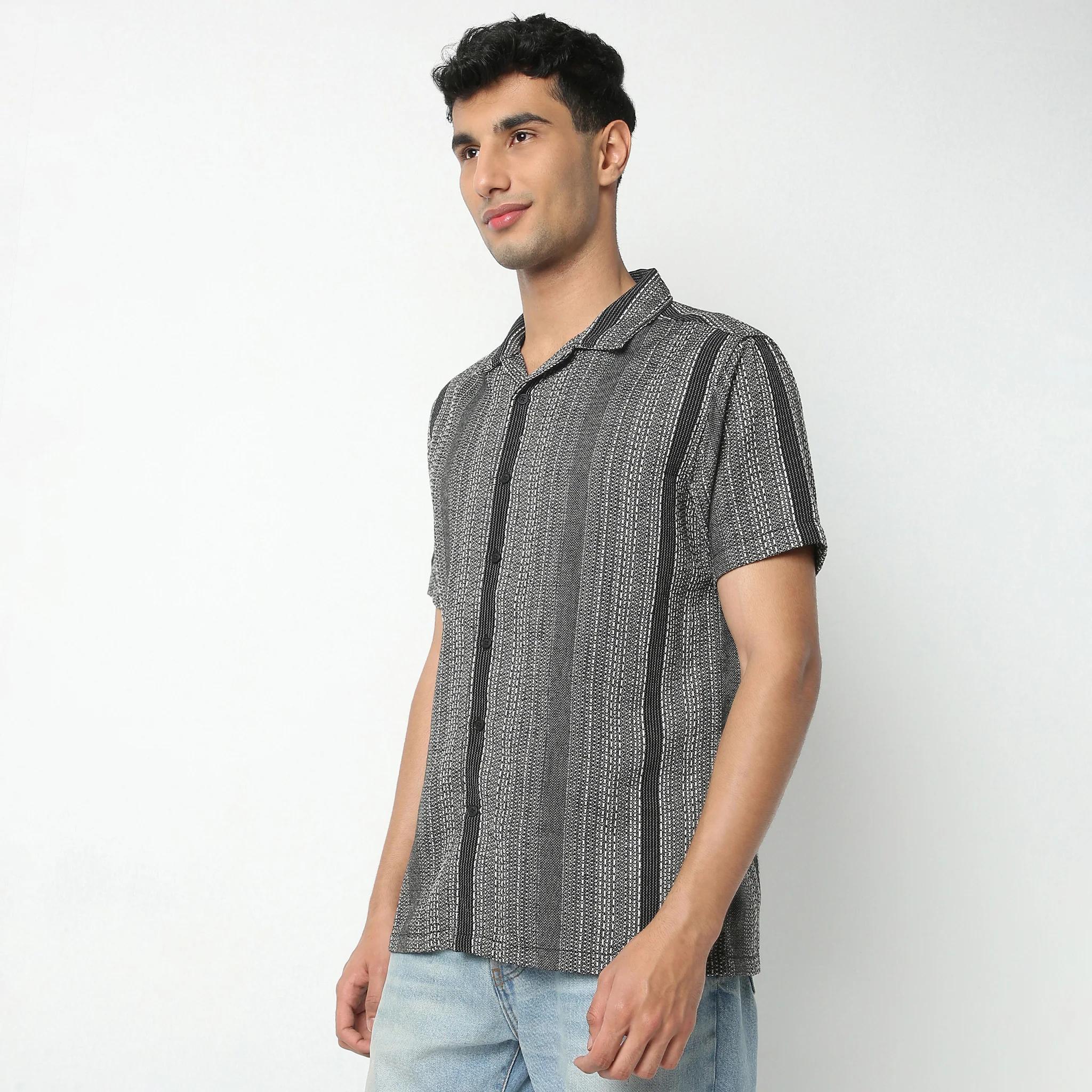 Striped Camp Collar Half Sleeve Mood Shirt - Image 5
