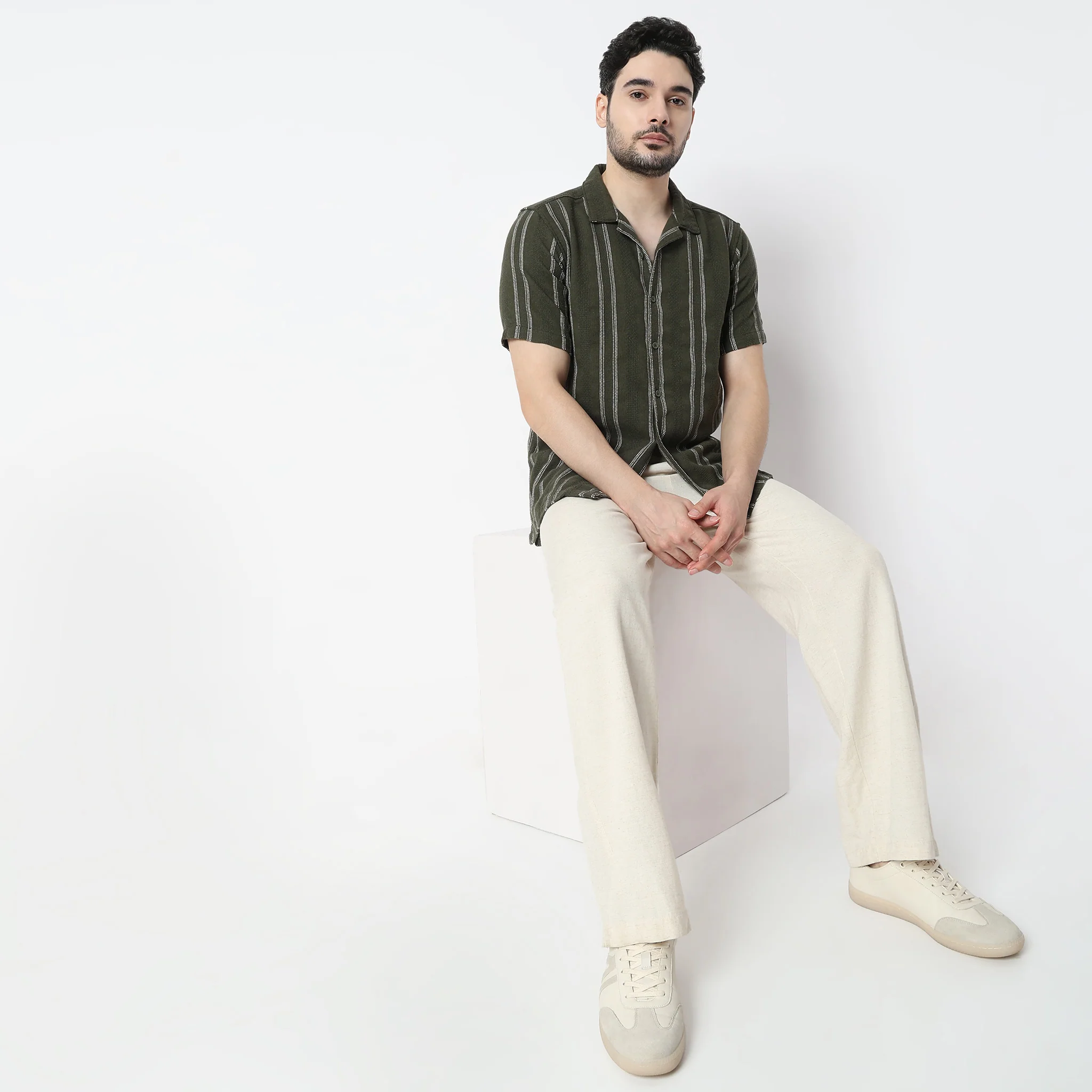 Striped Half Sleeve Camp Collar Mood Shirt