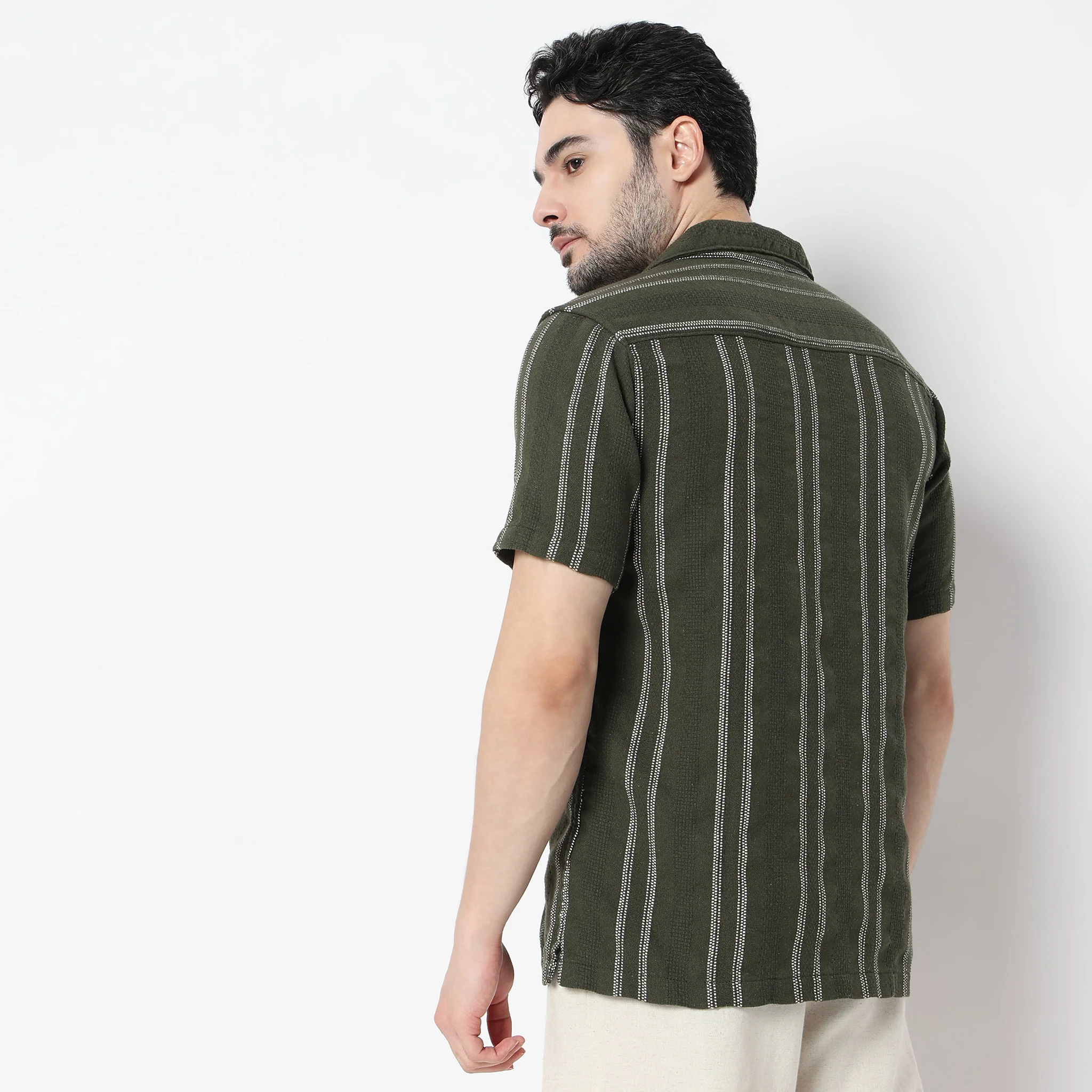 Striped Half Sleeve Camp Collar Mood Shirt - Image 3