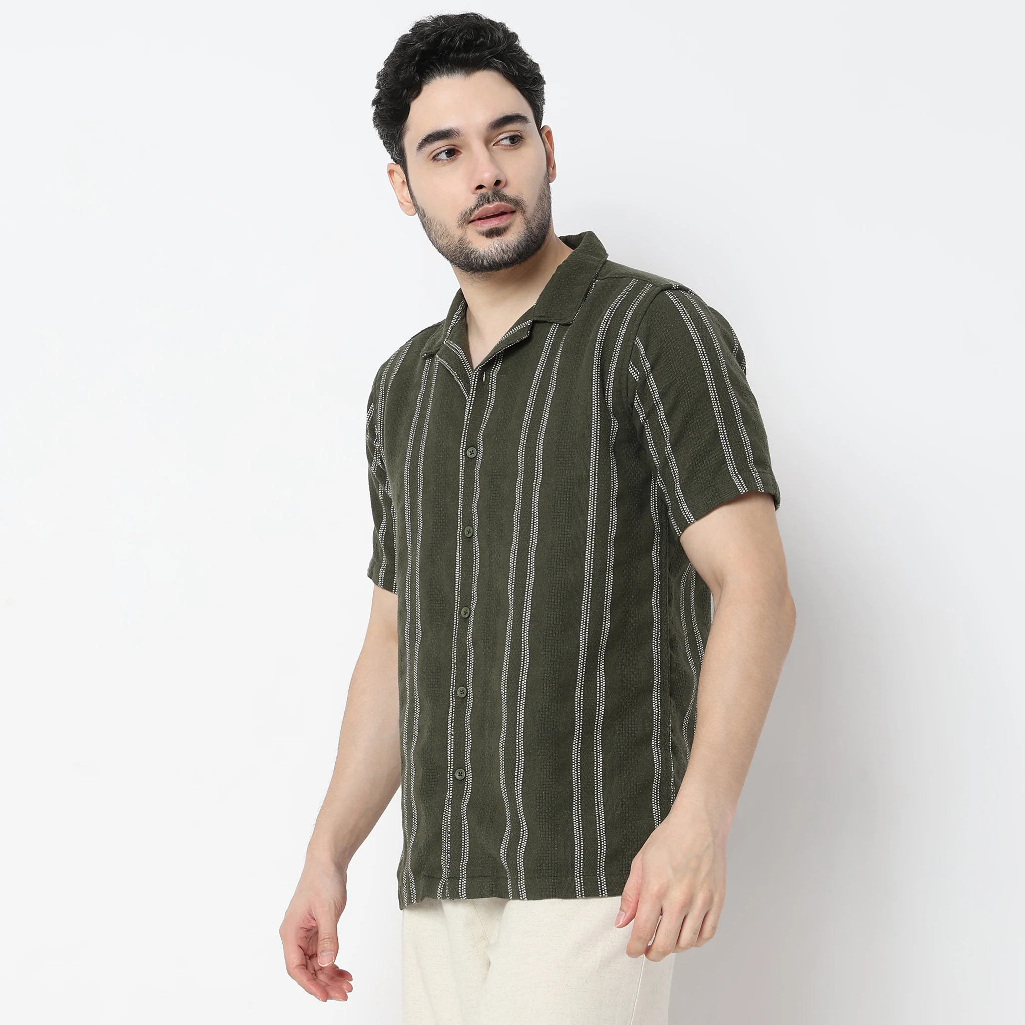 Striped Half Sleeve Camp Collar Mood Shirt - Image 5