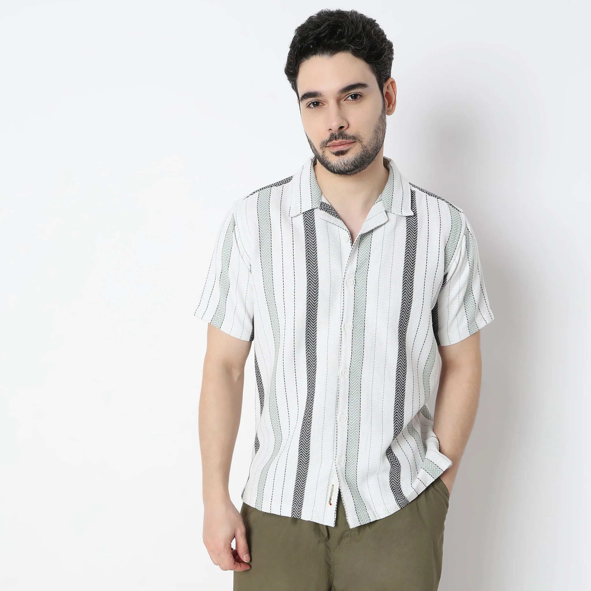 Striped Half Sleeve Camp Collar Mood Shirt - Image 2