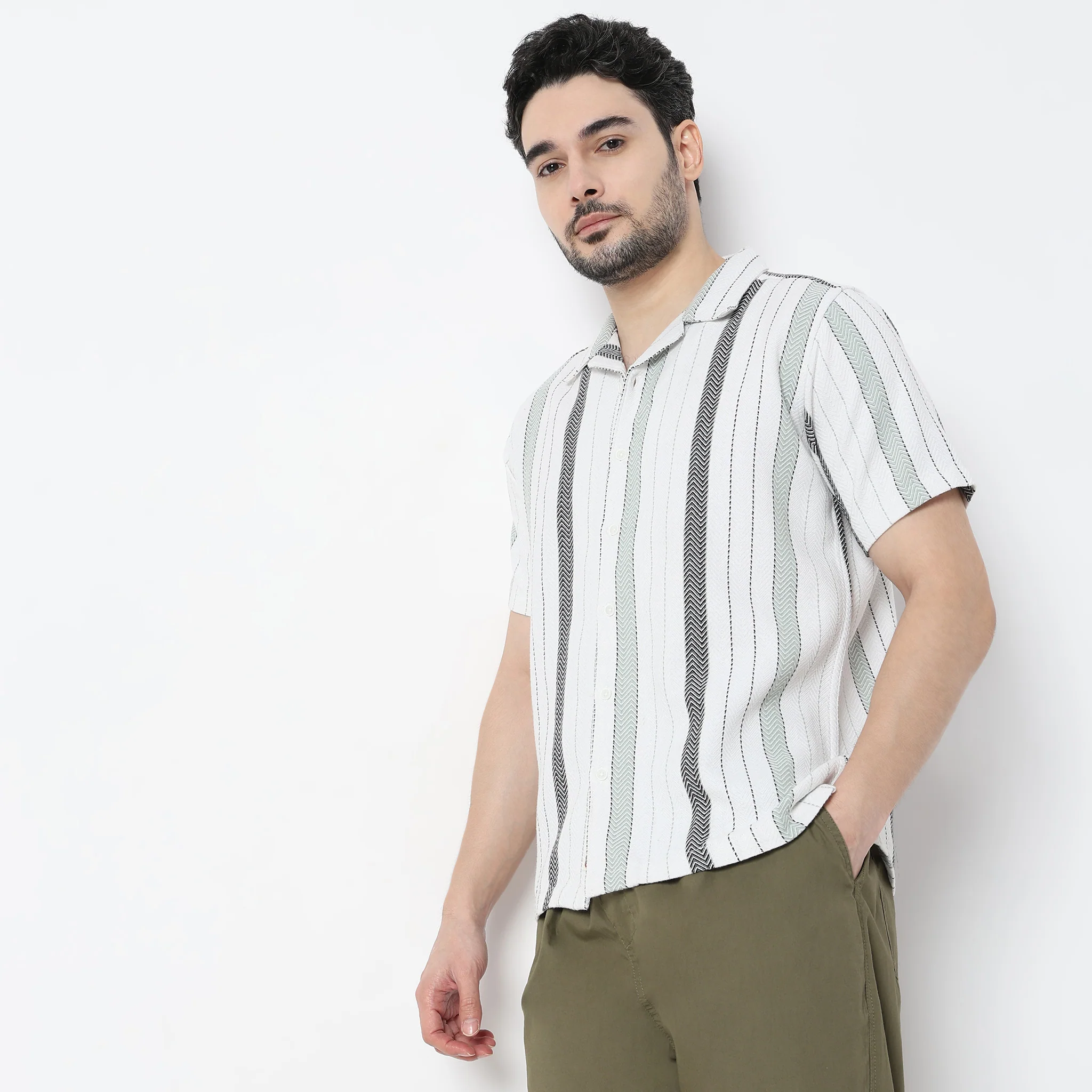 Striped Half Sleeve Camp Collar Mood Shirt - Image 4