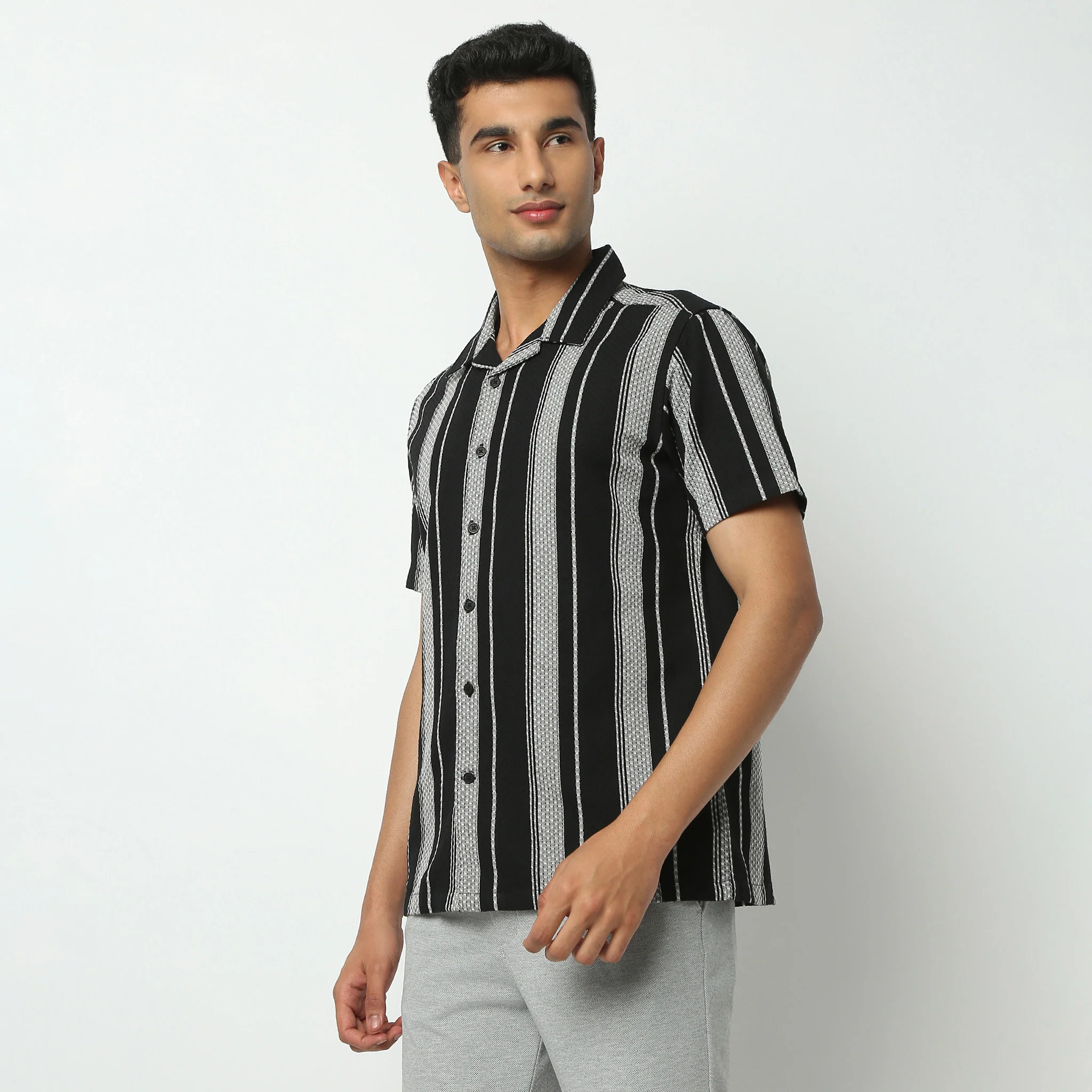 Camp Collar Half Sleeve Striped Mood Shirt - Image 5