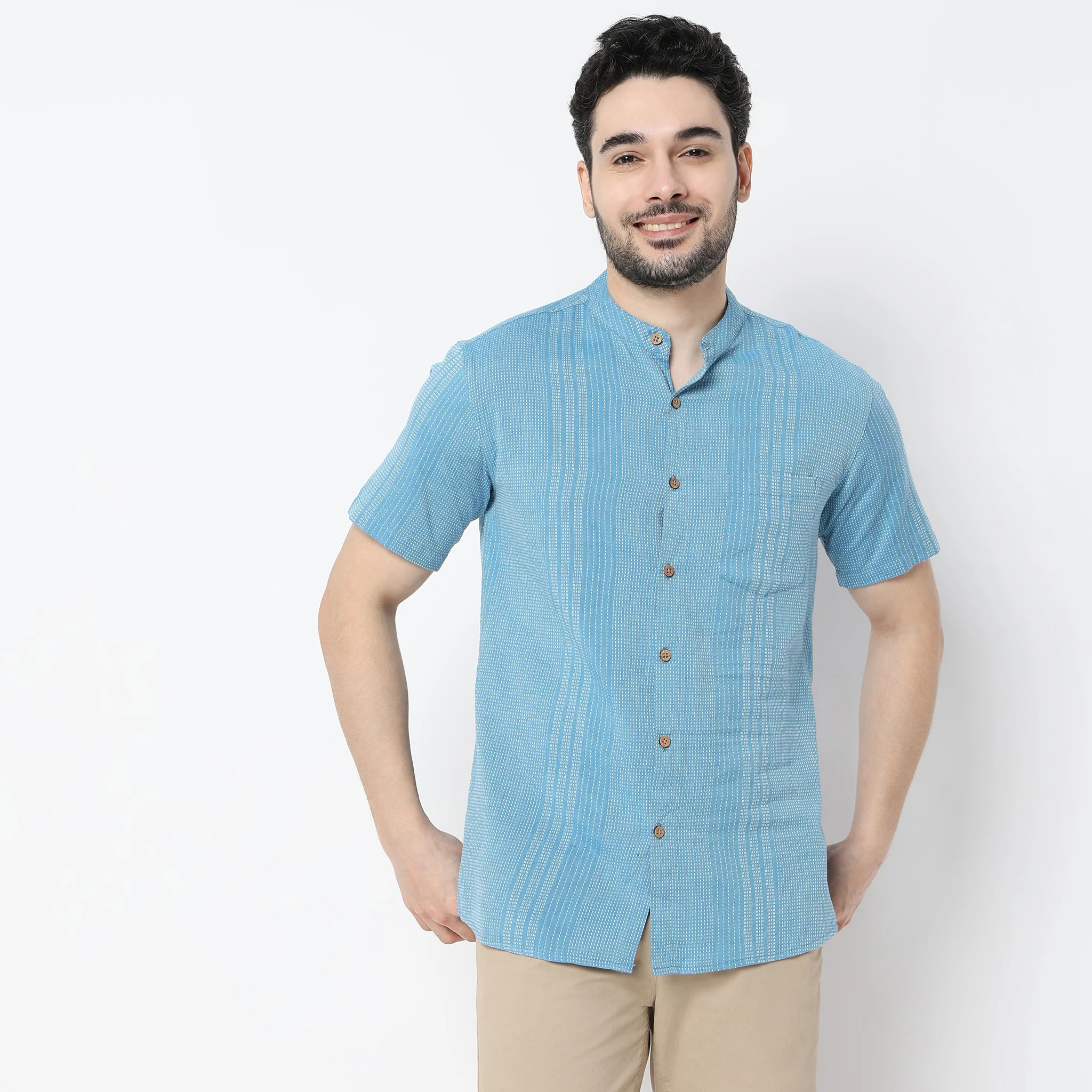 Striped Half Sleeve Mandarin Collar Straight Yarn Dyed Shirt - Image 2