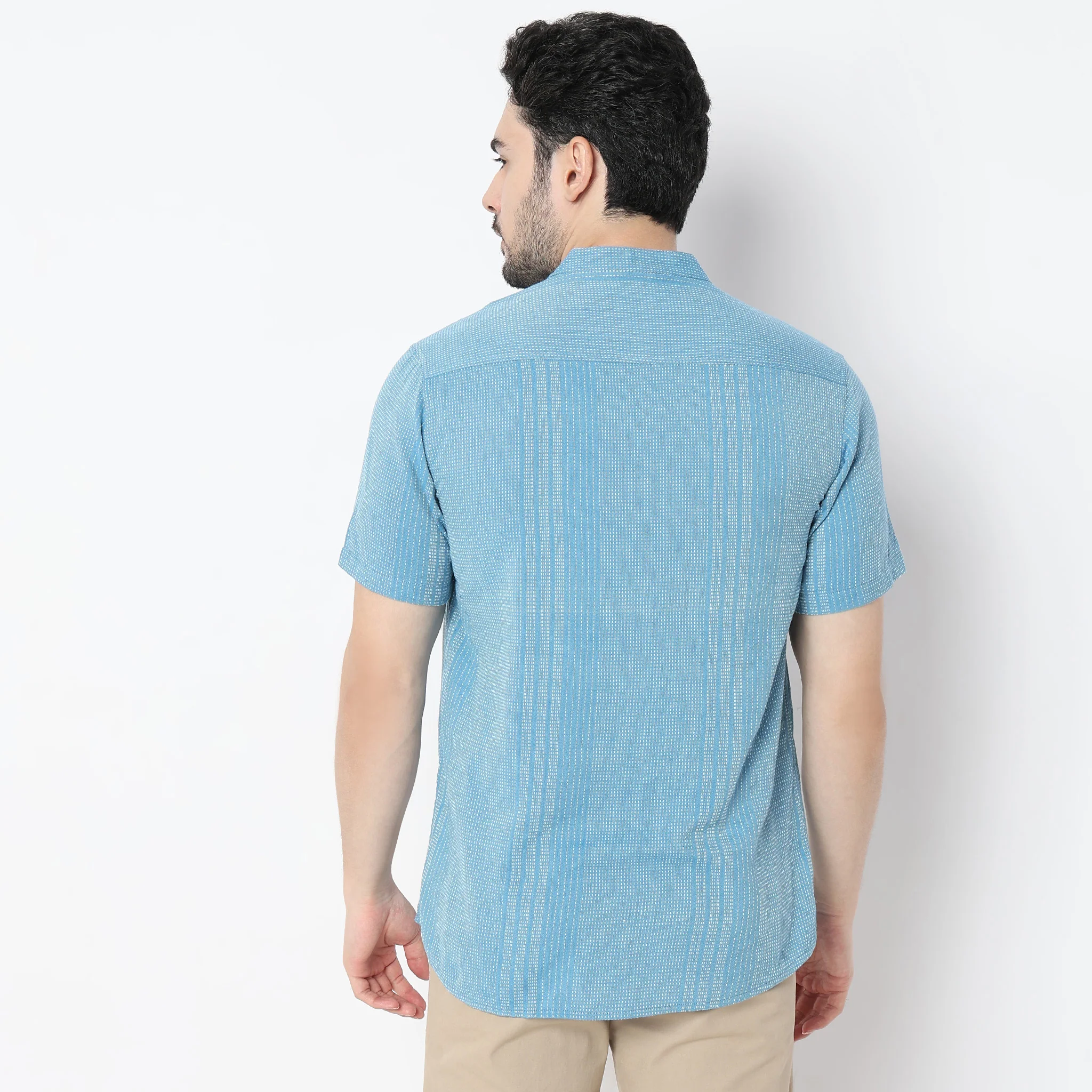 Striped Half Sleeve Mandarin Collar Straight Yarn Dyed Shirt - Image 3