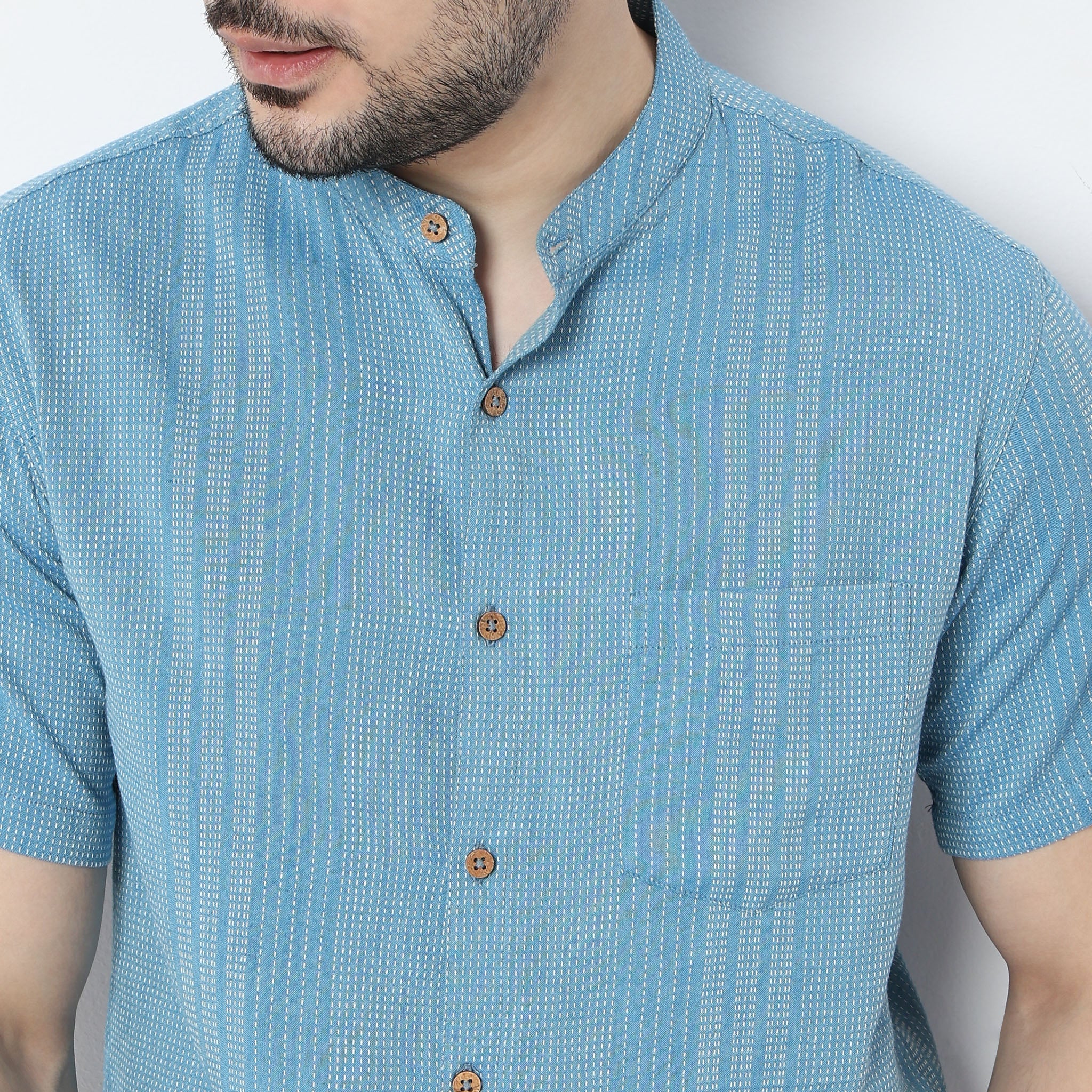 Striped Half Sleeve Mandarin Collar Straight Yarn Dyed Shirt - Image 5